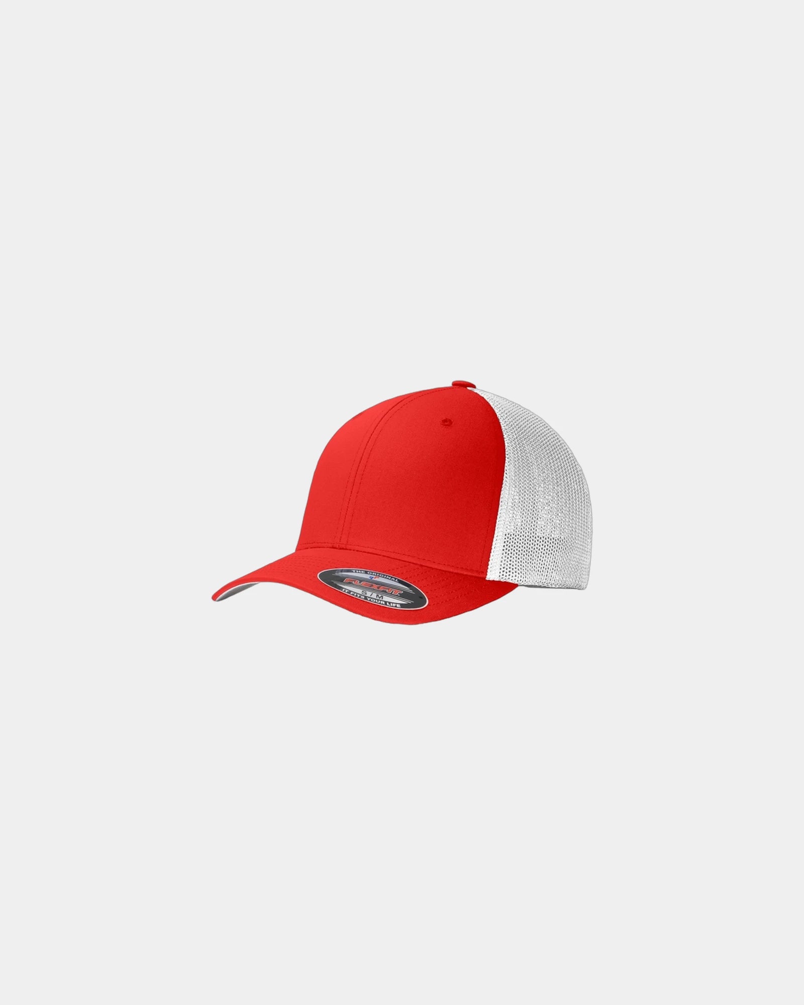 Custom mesh back cap Port Authority Flexfit trucker - True Red/ White