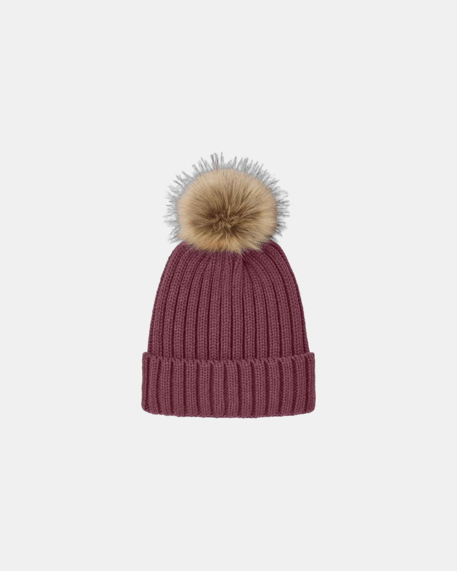 Custom faux fur pom beanie Port Authority cuffed cap - Rosewood