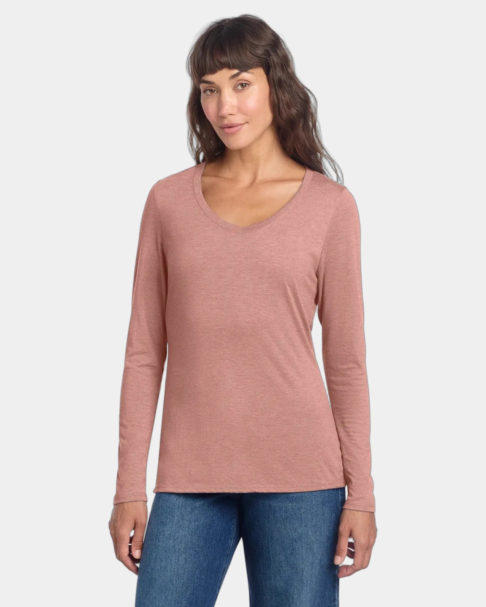 Custom women's long sleeve V-neck tee 4.5 oz tri-blend - Blush Frost