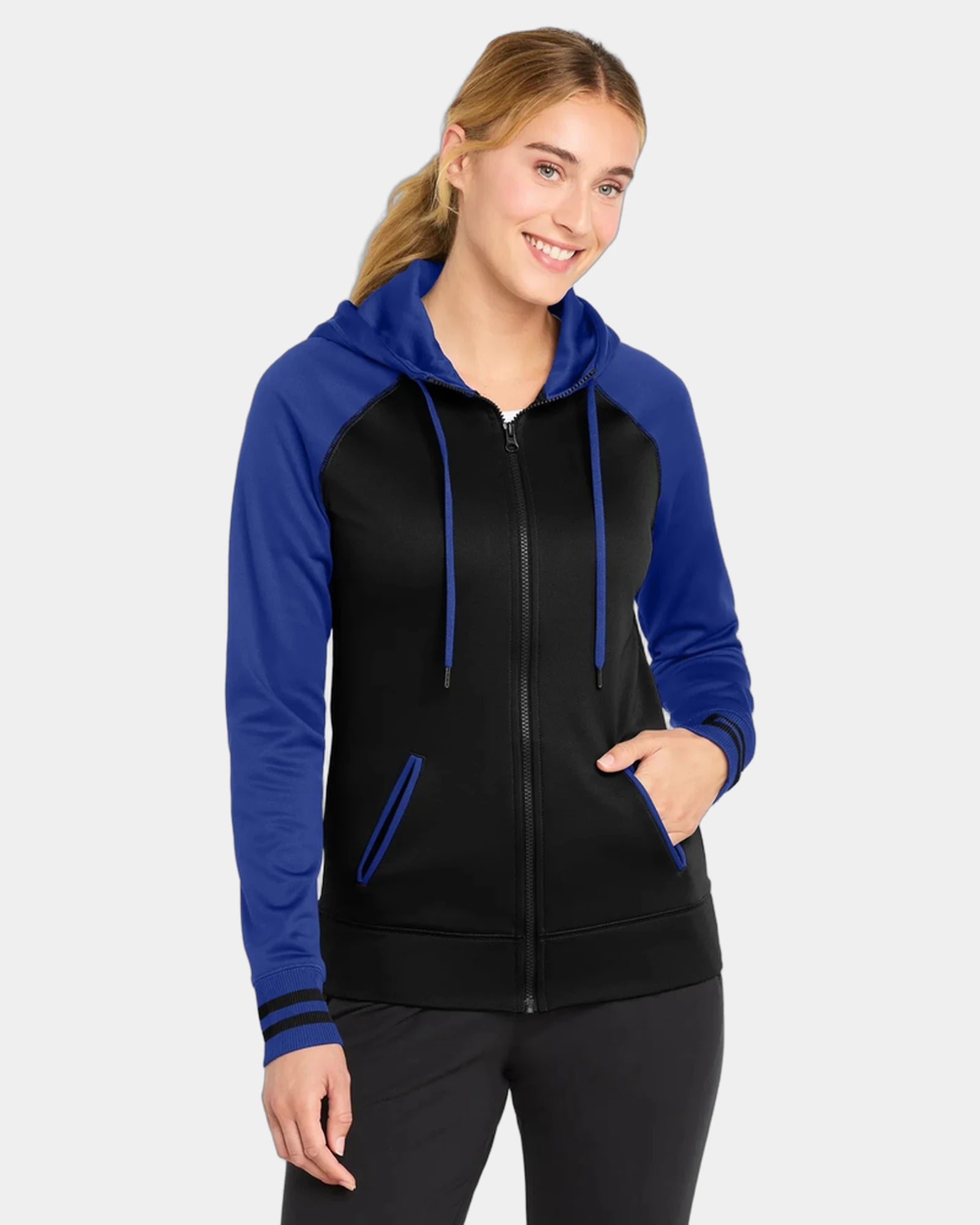 Custom polyester fleece Sport-Tek women's full-zip hoodie - Black/ True Royal