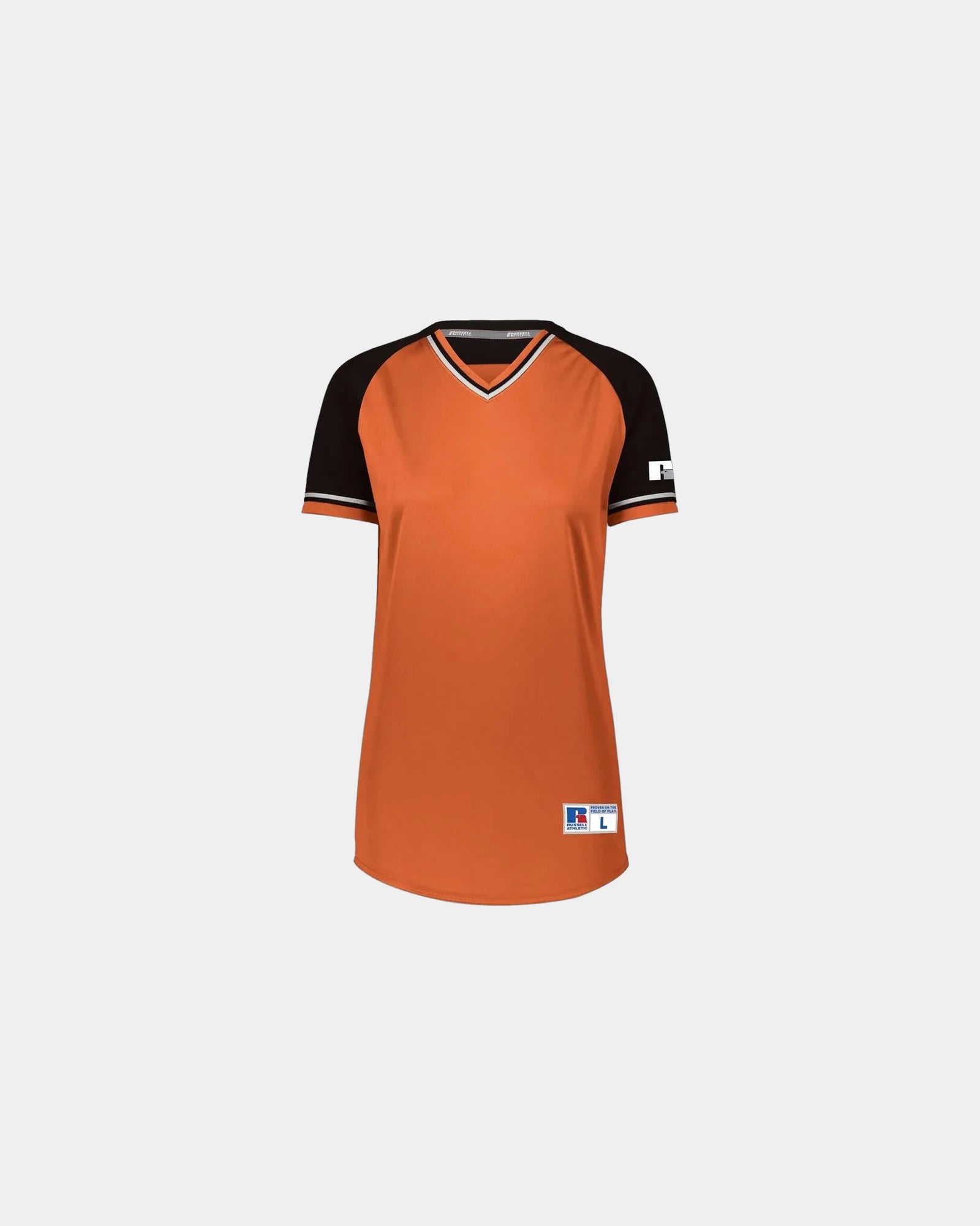 Custom V-neck jersey Russell Athletic Classic women's - Burnt Orange/ Black/ White