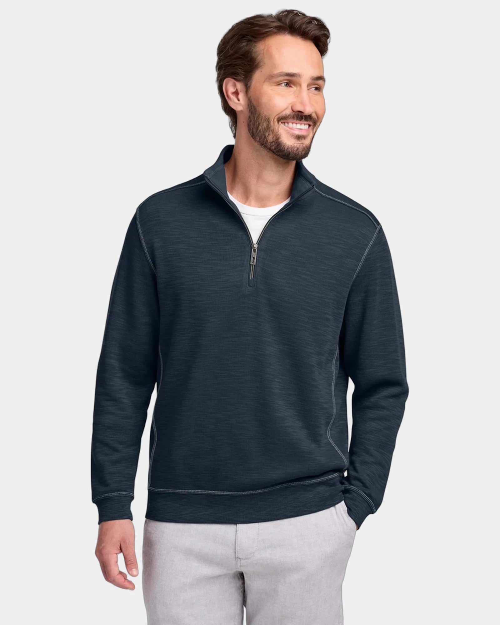 Custom 1/2-zip pullover sweater with slub texture knit - Blue Note
