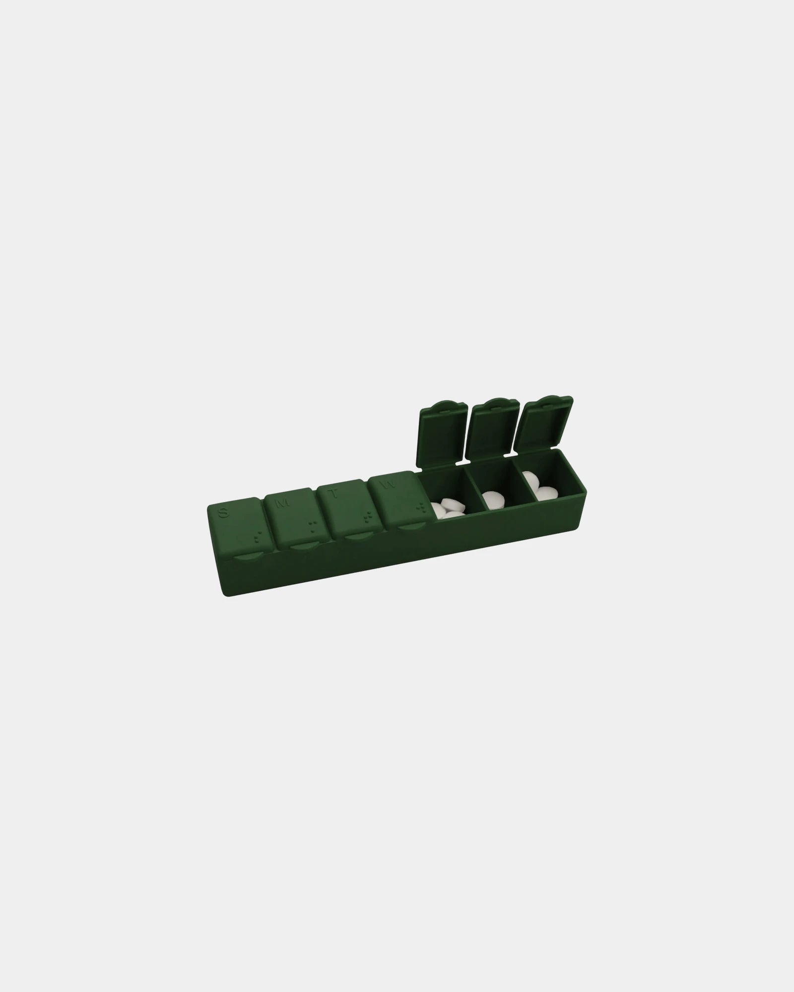 Custom 7-day pill box with Braille markings - Dark Green