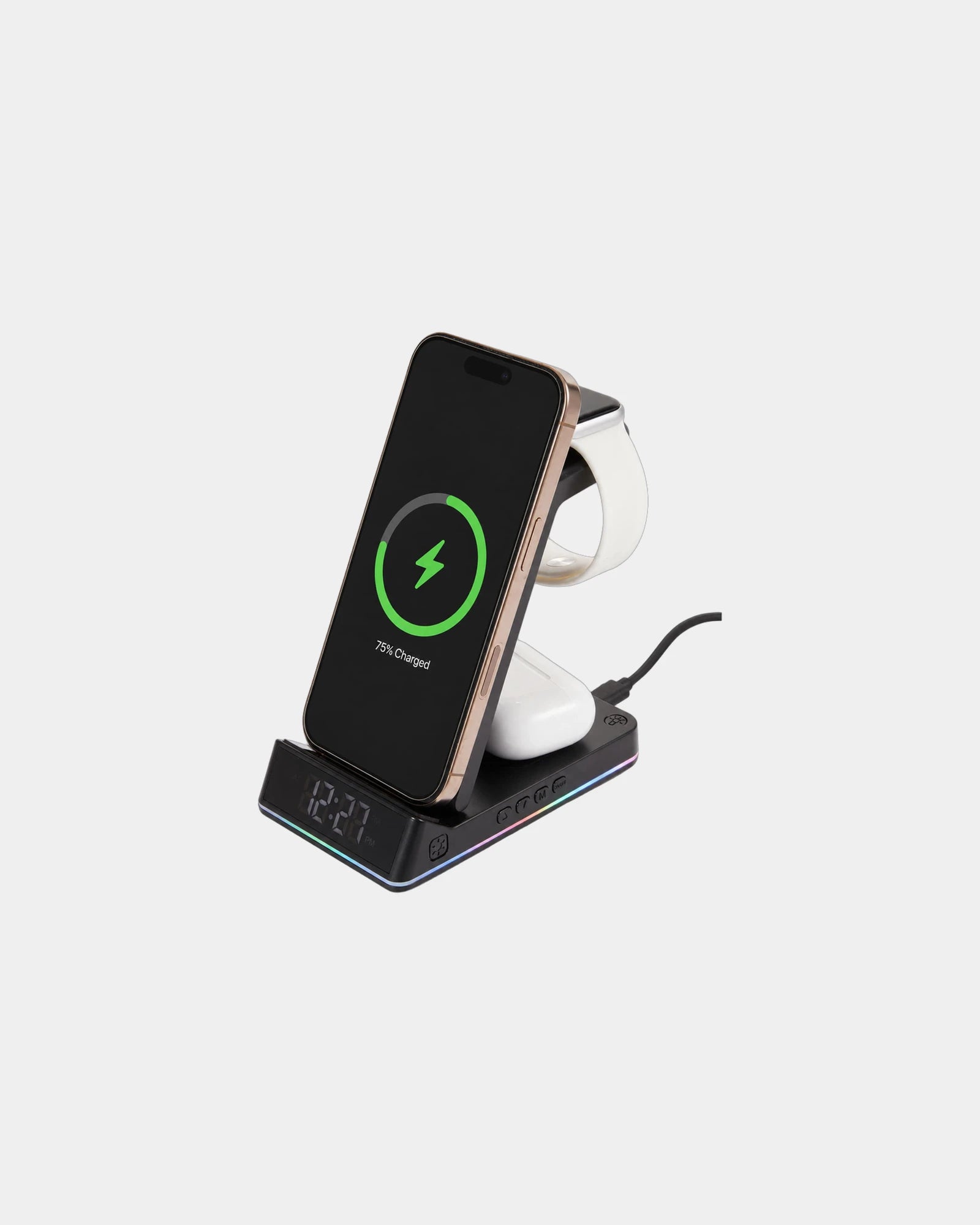Branded 3-in-1 Qi wireless charging stand with clock - Black (Bk)