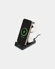 Branded 3-in-1 Qi wireless charging stand with clock - Black (Bk)