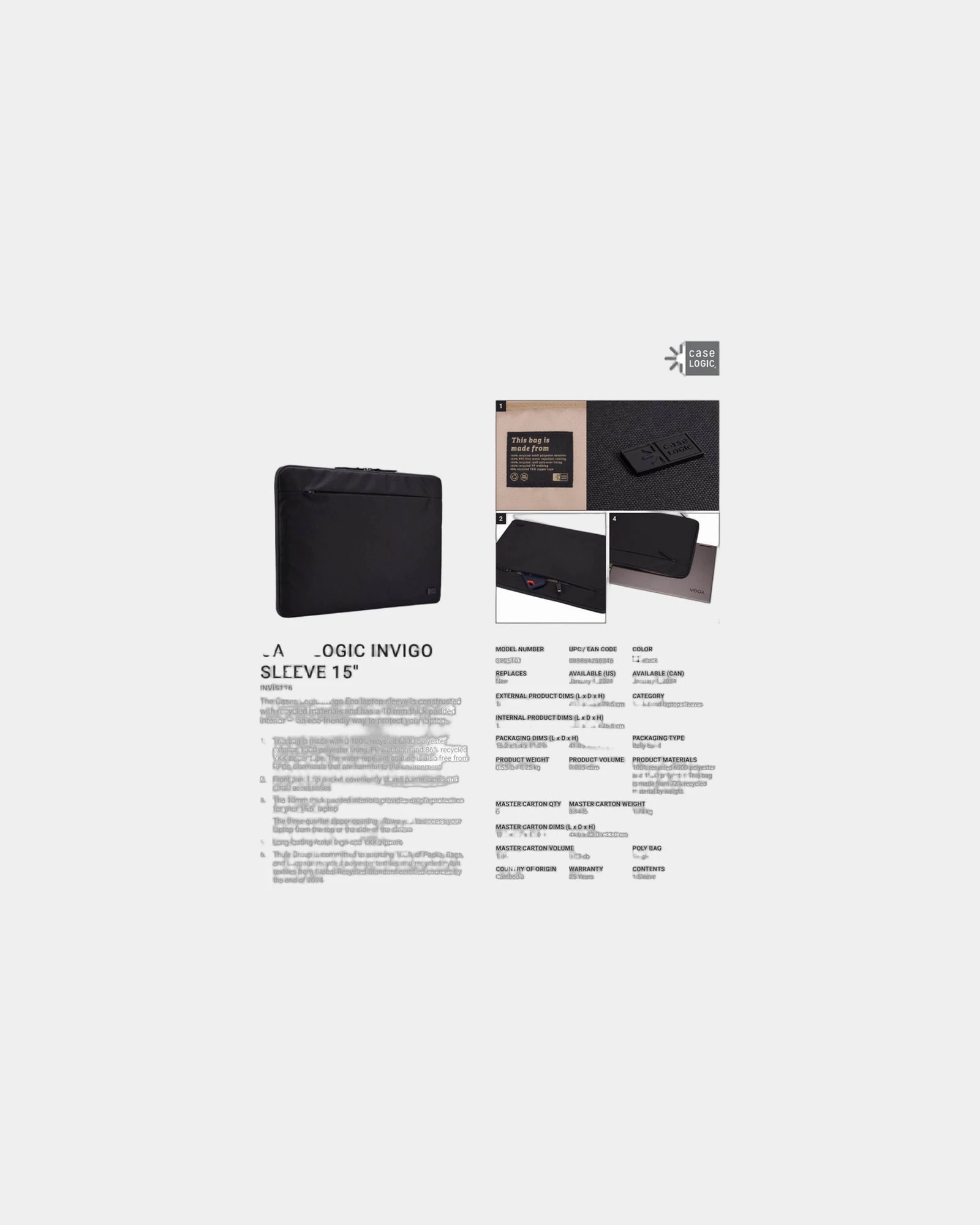 Custom recycled Case Logic Invigo 16" laptop sleeve - Black (Bk)