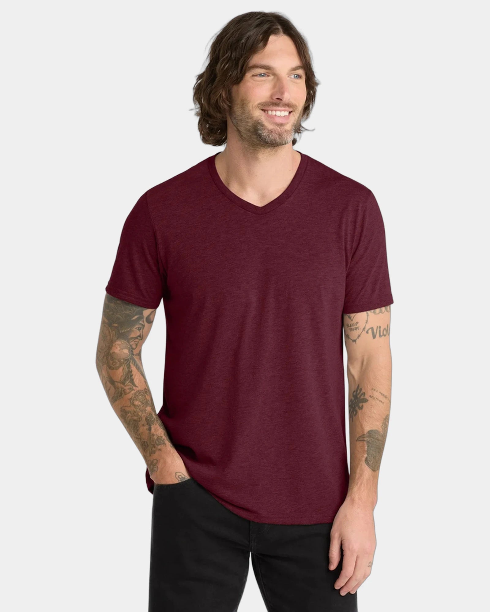 Custom recycled tri-blend v-neck tee for teams - Vino Red