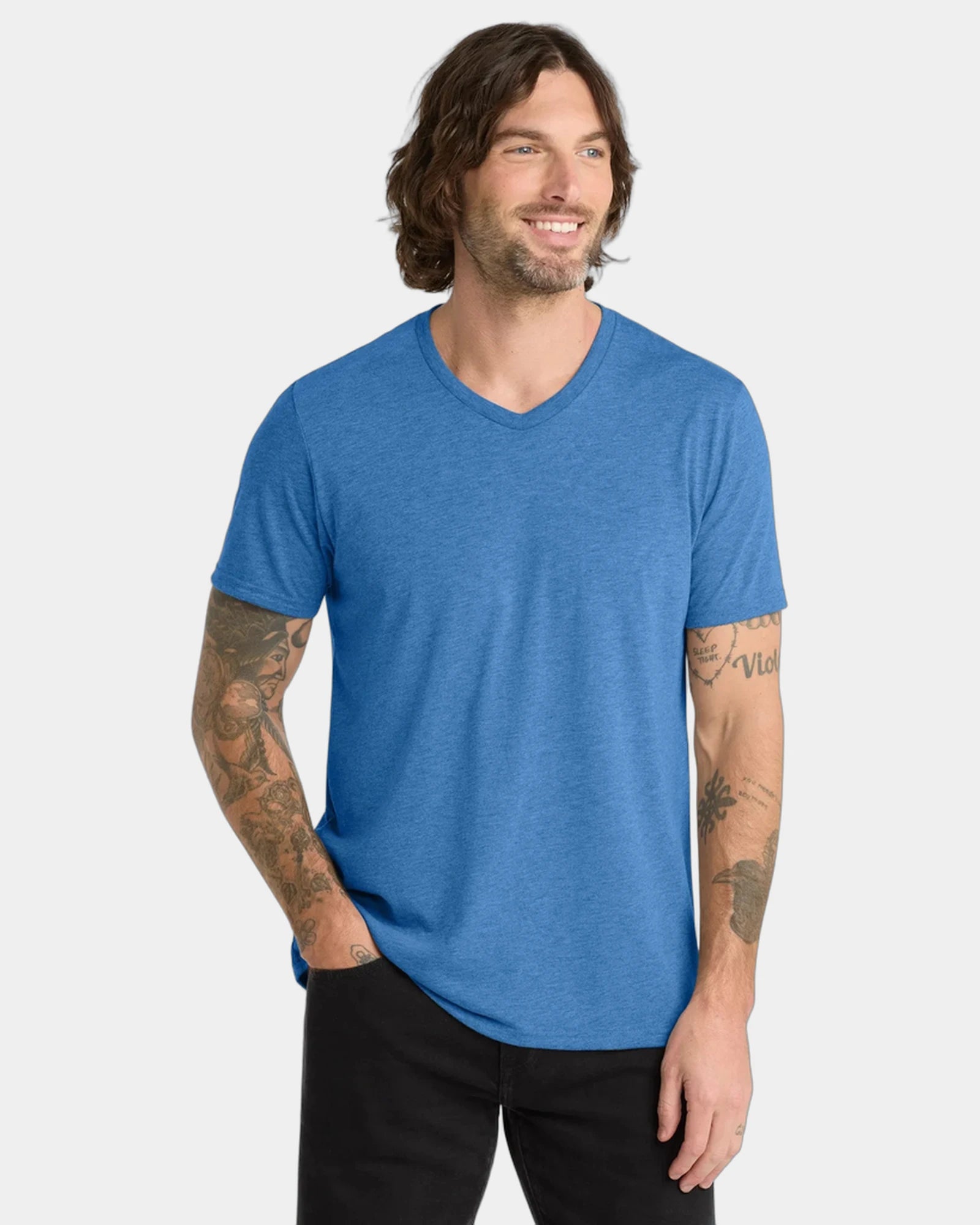 Custom recycled tri-blend v-neck tee for teams - Azure Blue