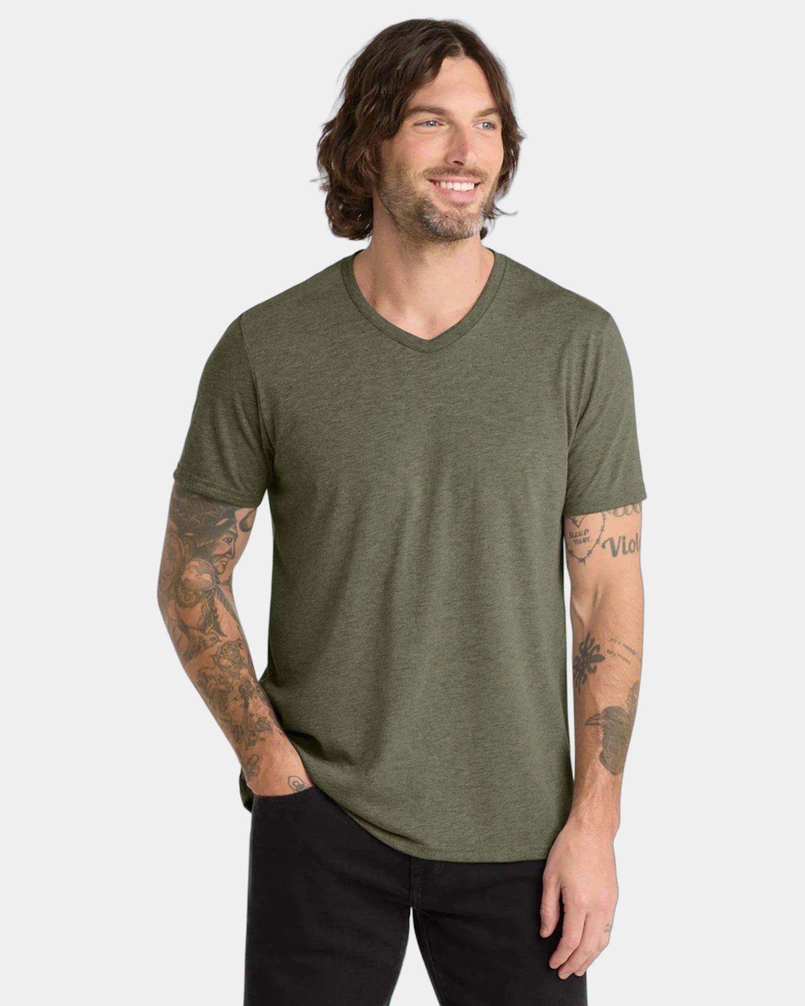 Custom recycled tri-blend v-neck tee for teams - Olive You Green