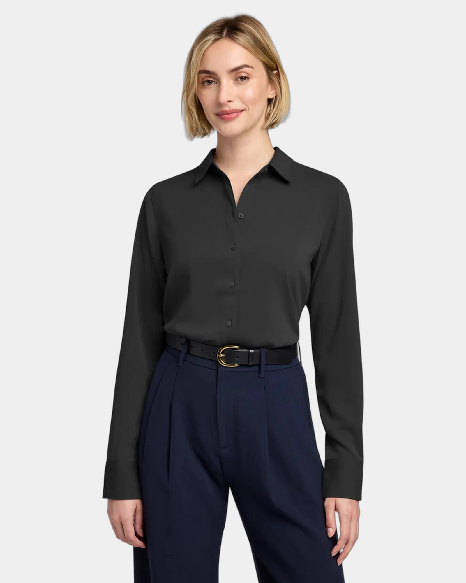 Custom satin full-button blouse for women's teams - Deep Black