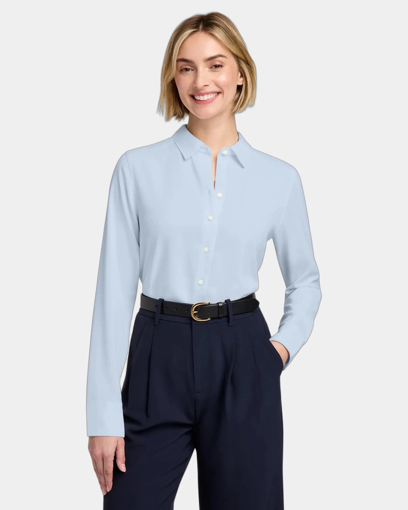 Custom satin full-button blouse for women's teams - Heritage Blue