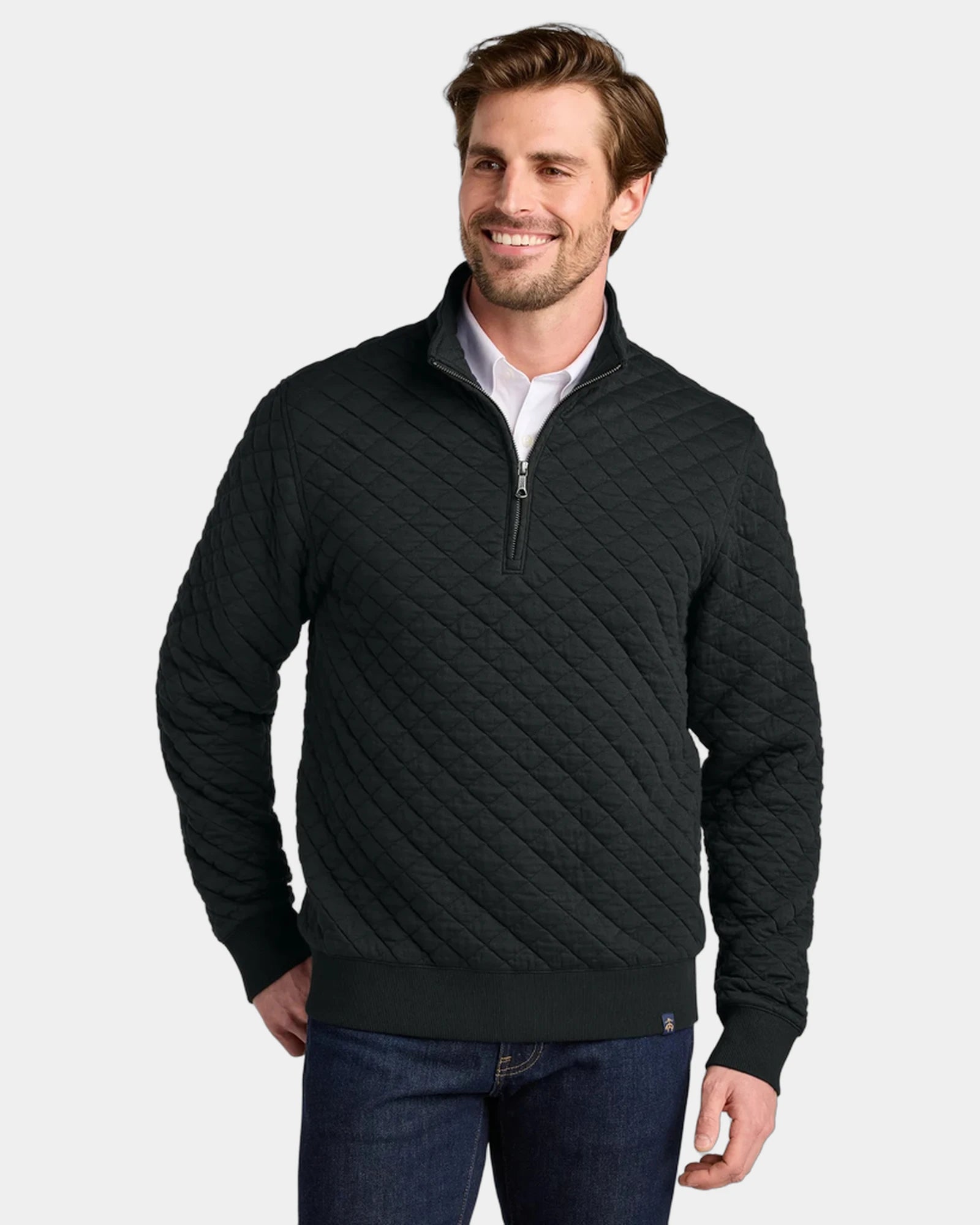 Custom diamond quilt 1/4-zip pullover fleece jacket - Deep Black