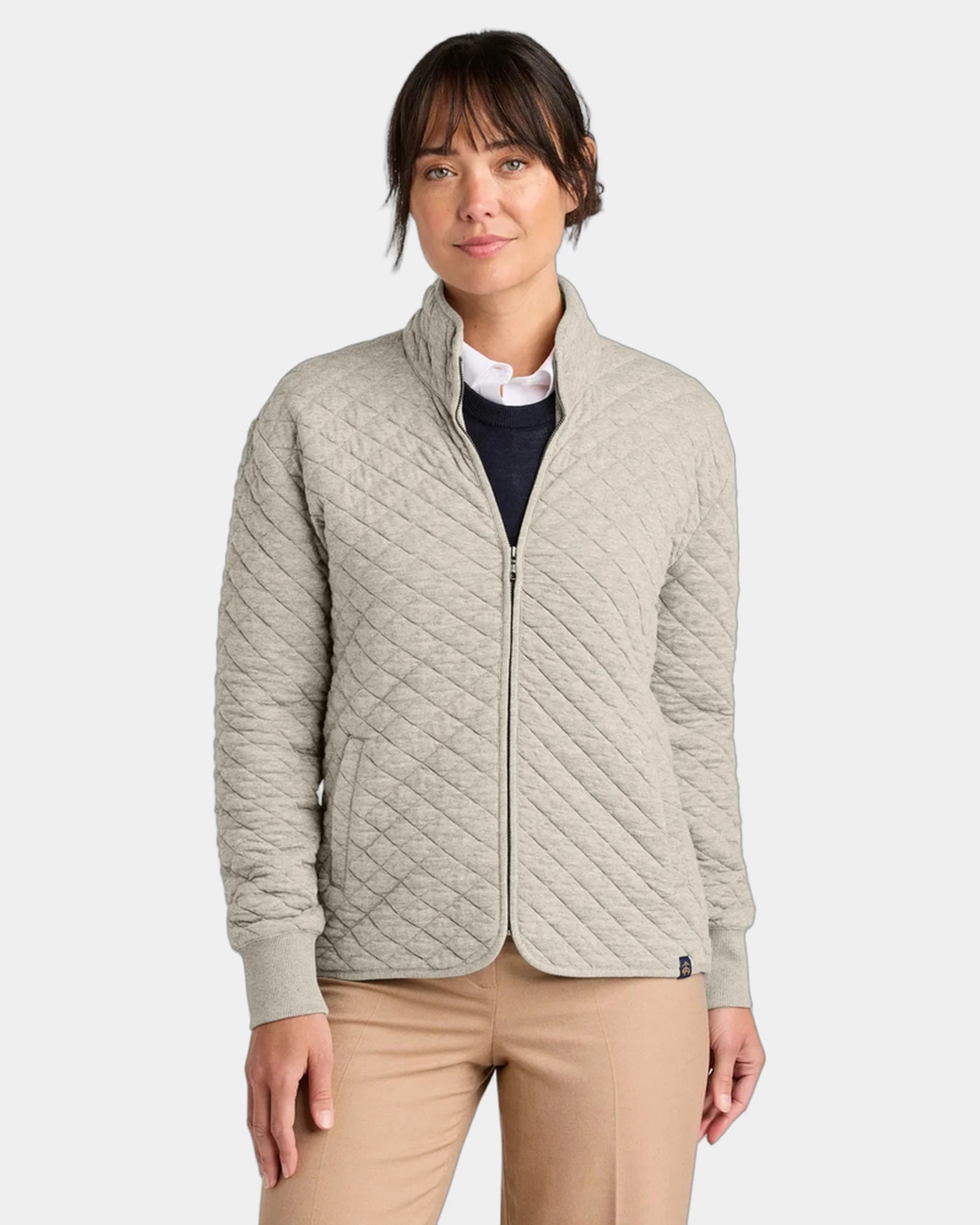 Custom diamond quilt full-zip fleece jacket for women - Oatmeal Heather