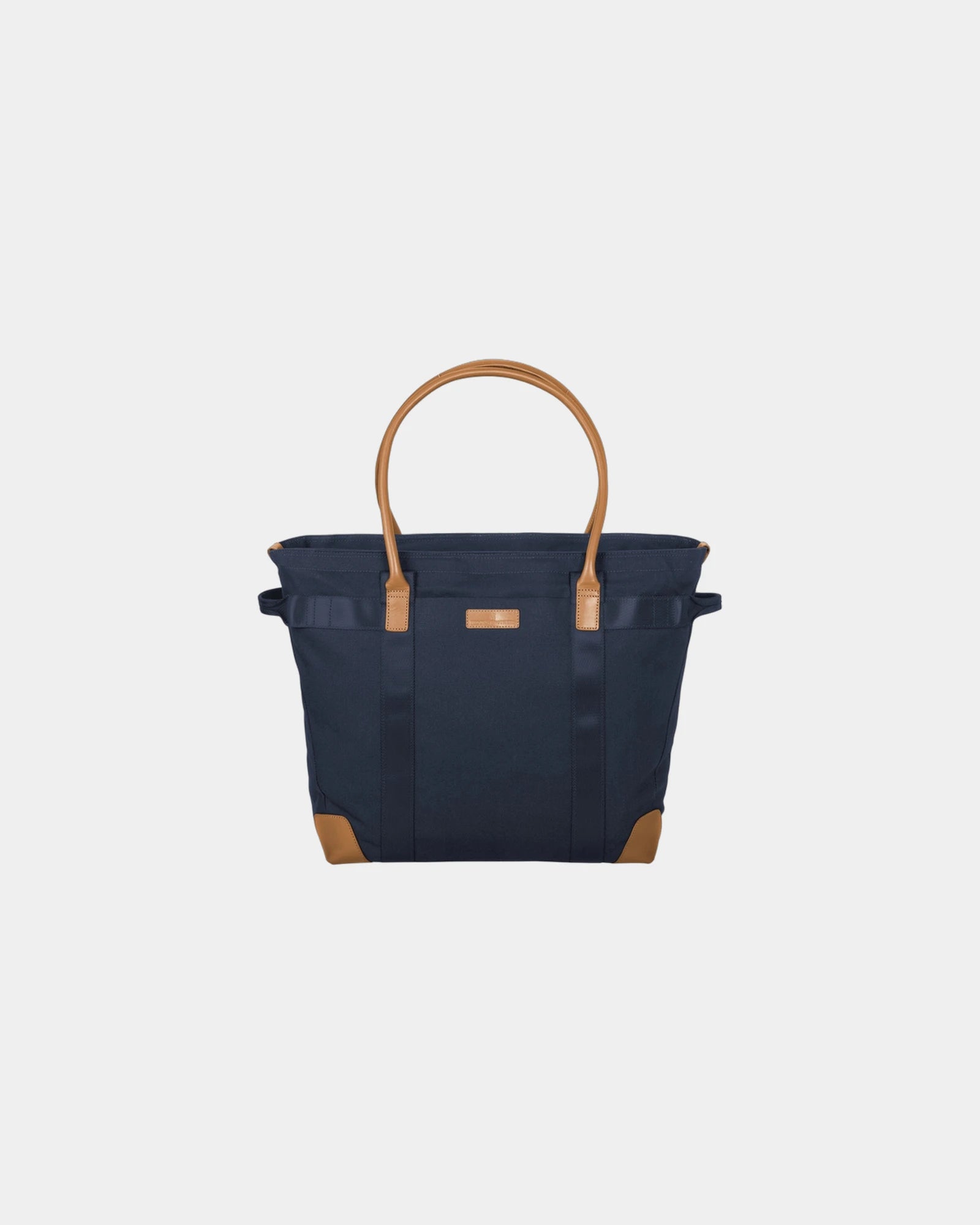 Custom cotton canvas laptop tote bag with leather trim - Navy Blazer