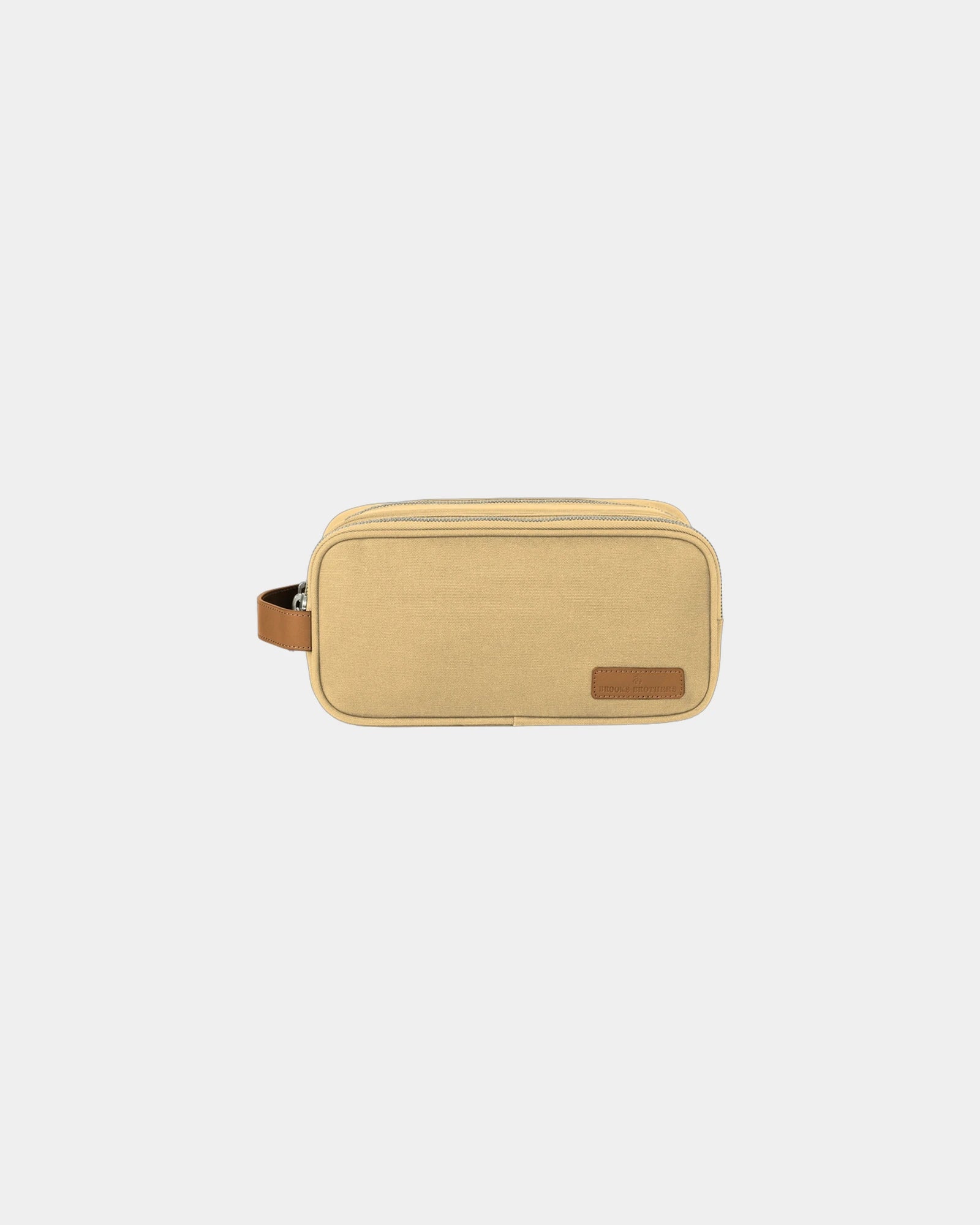 Custom cotton canvas dopp kit with leather trim details - Ledger Khaki