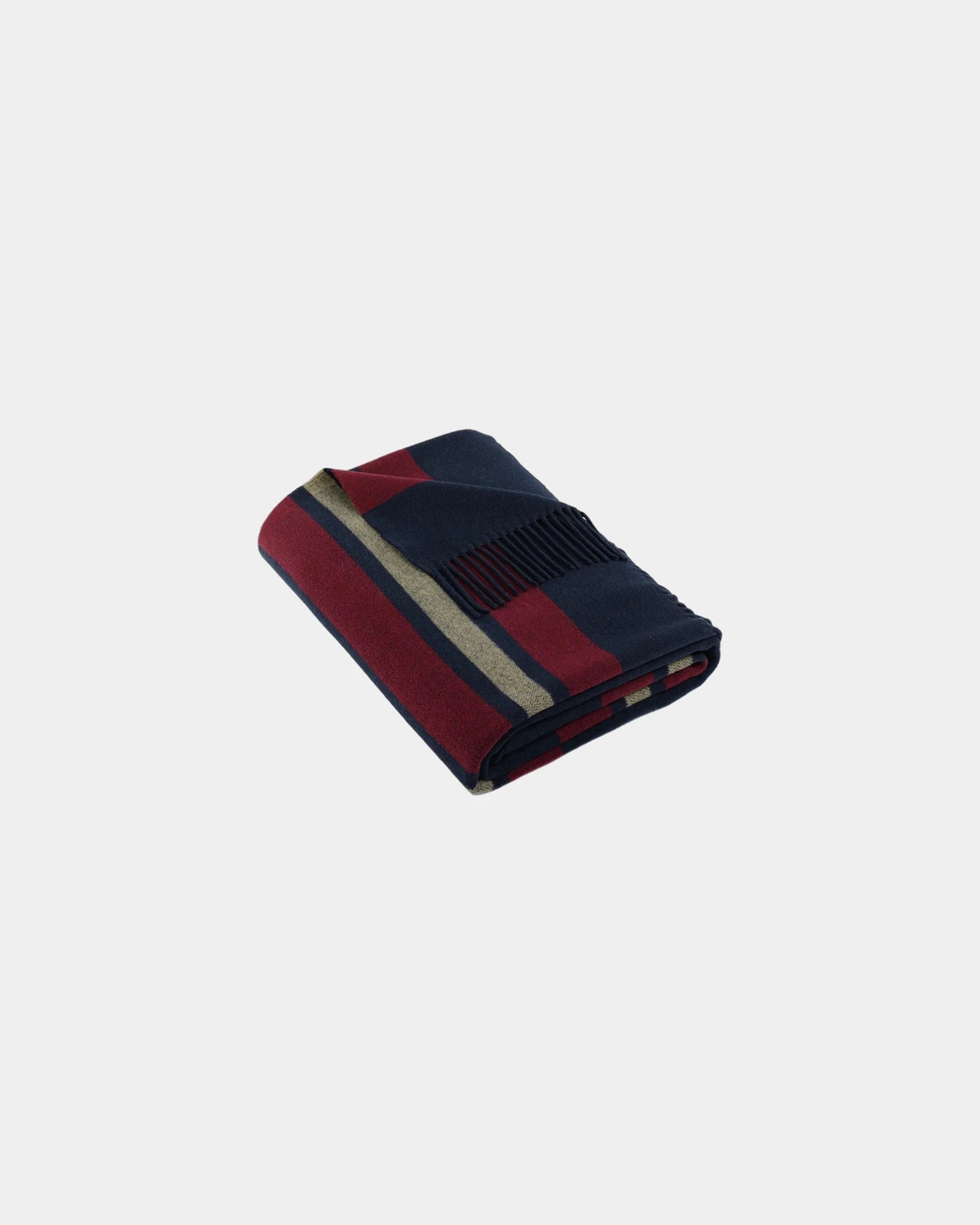 Custom woven striped blanket 50" x 60" tasseled ends - Navy Blazer / Ruby Wine/ Camel
