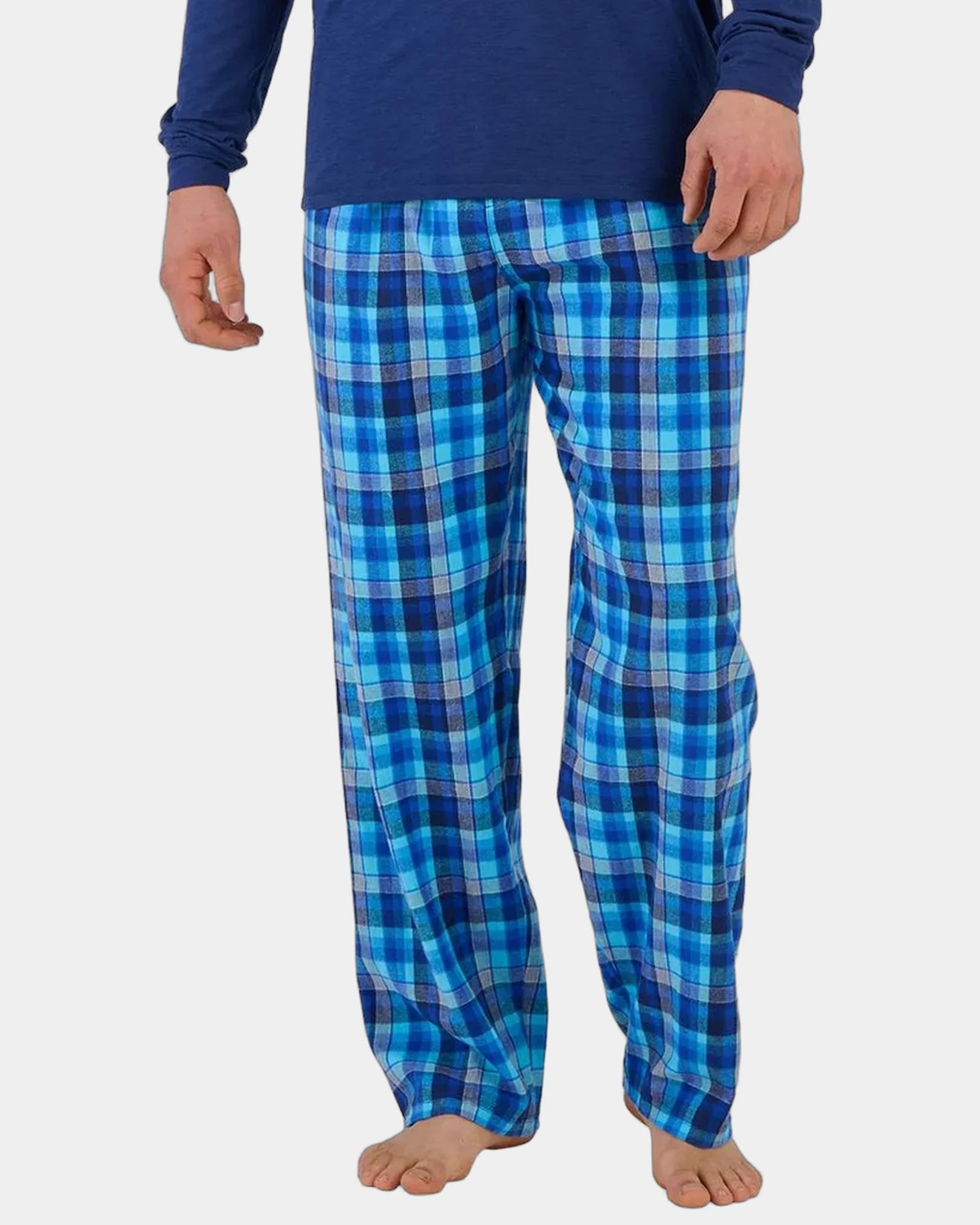 Custom cotton flannel pajama pants for men - Blue Harmony Plaid