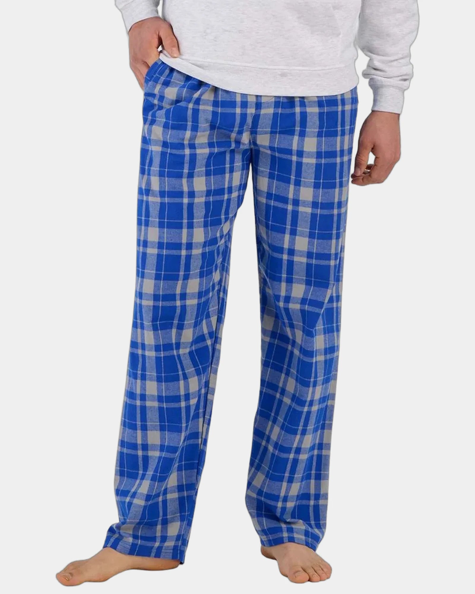 Custom cotton flannel pajama pants for men - Electric Royal Jordan Plaid