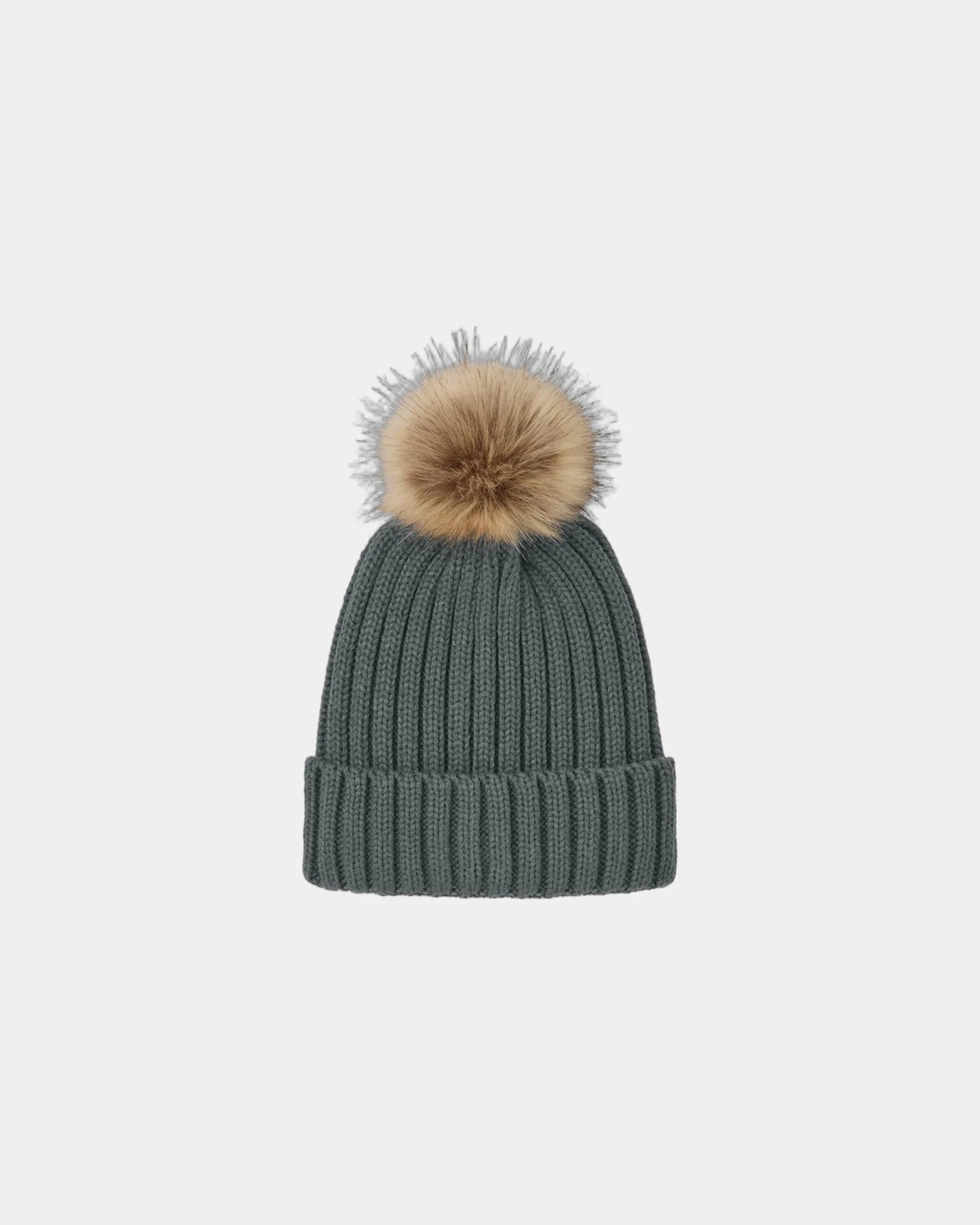 Custom faux fur pom beanie Port Authority cuffed cap - Storm Grey