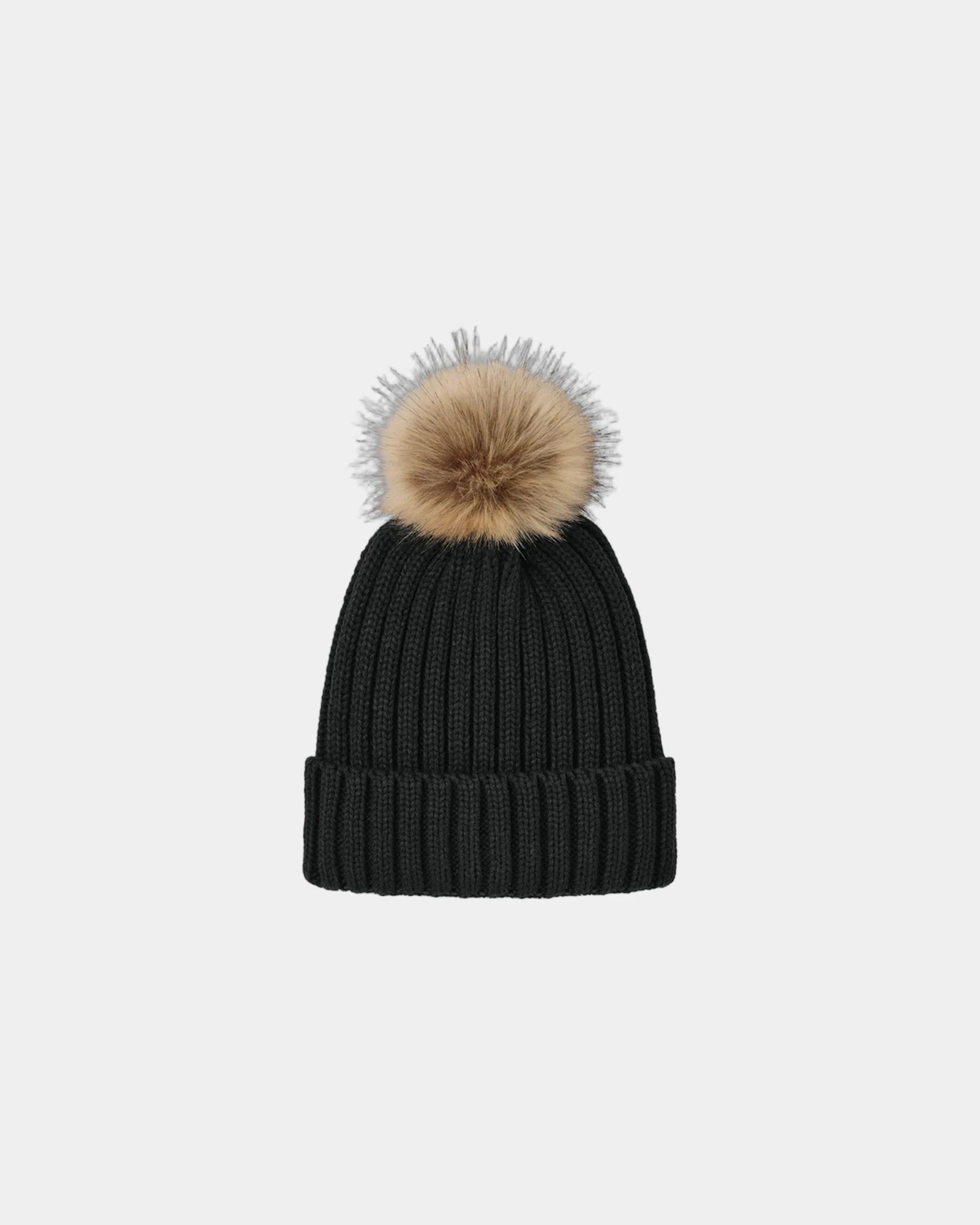 Custom faux fur pom beanie Port Authority cuffed cap - Deep Black
