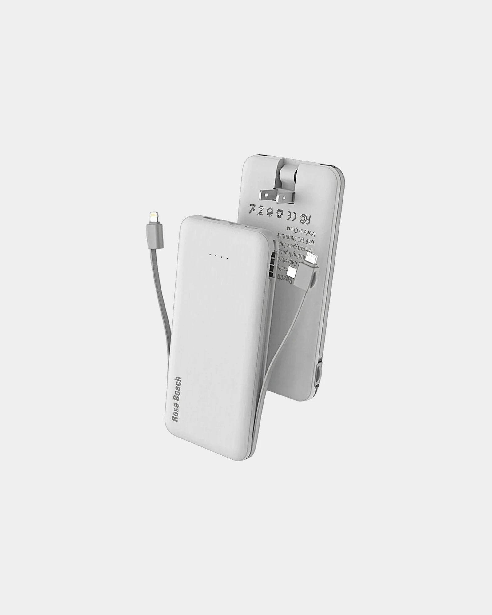 Custom 10,000 mAh power bank with built-in cables - White