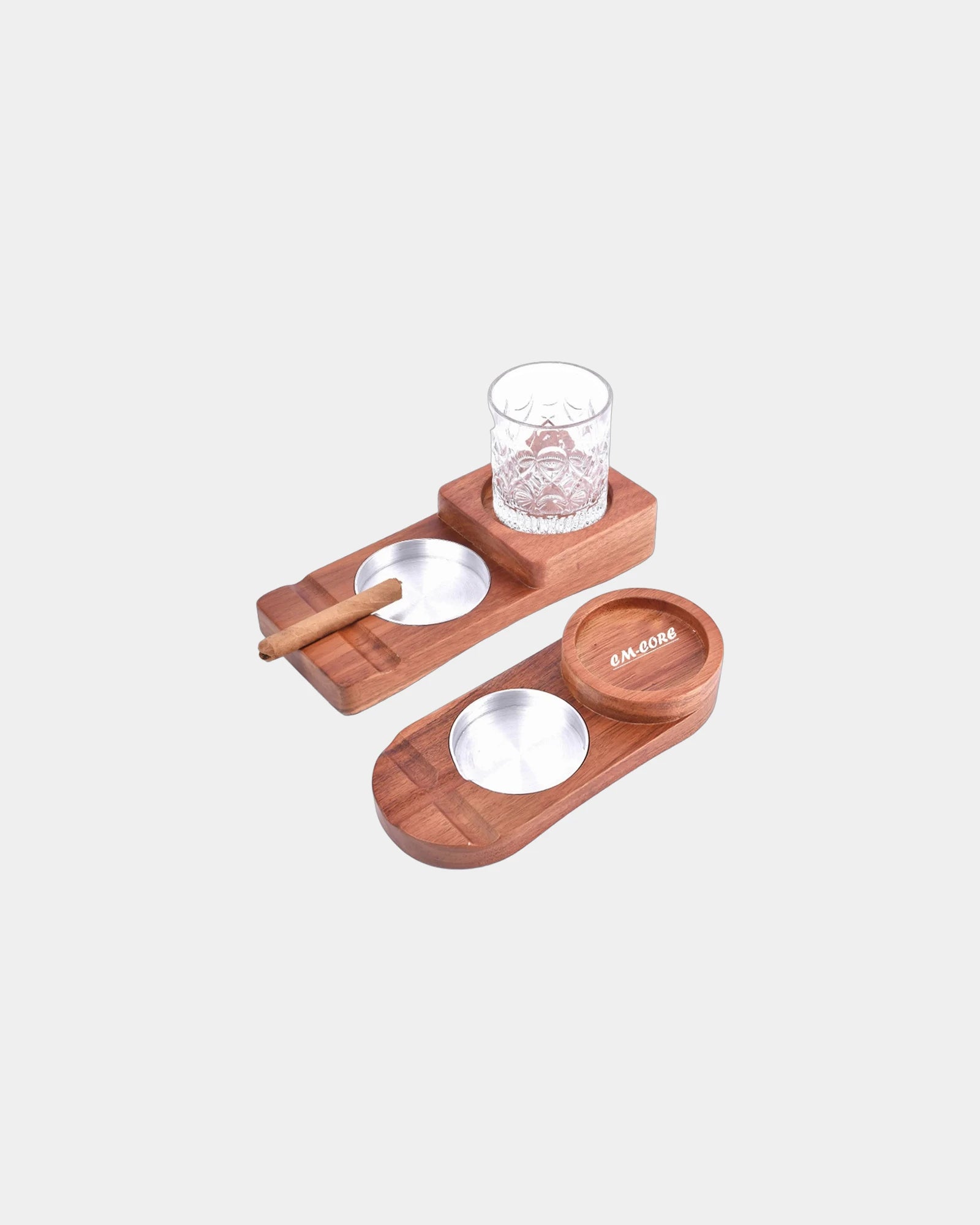 Custom wood whiskey tray with cigar ashtray - Brown