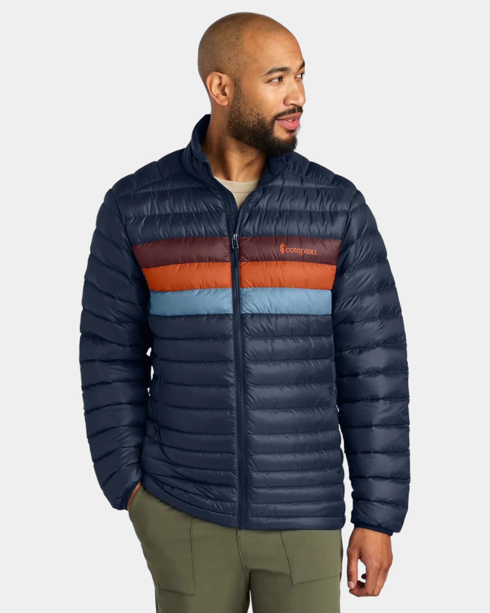Custom recycled nylon down jacket with retro stripes - Maritime/ Mulberry