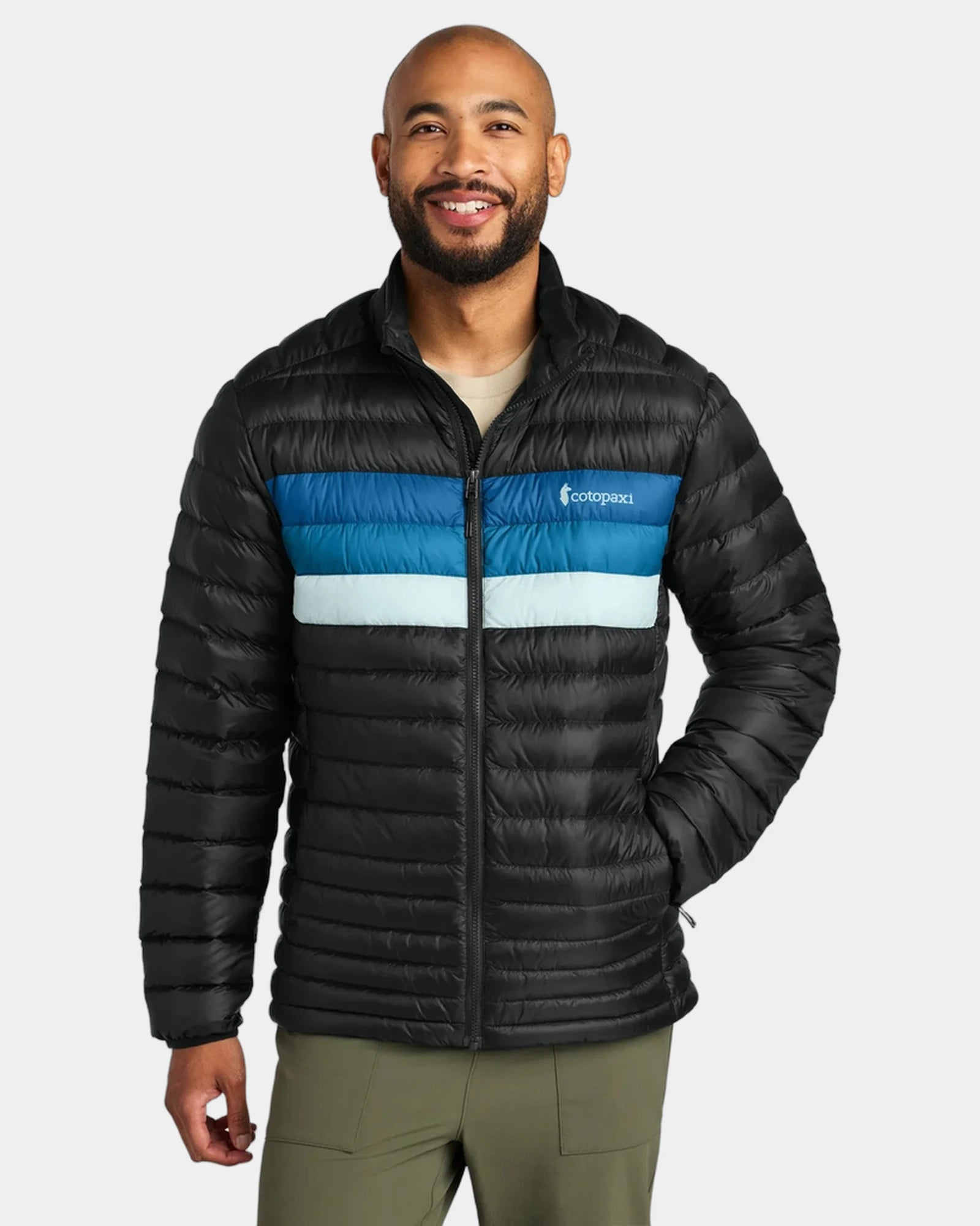 Custom recycled nylon down jacket with retro stripes - Black/ Atlantic