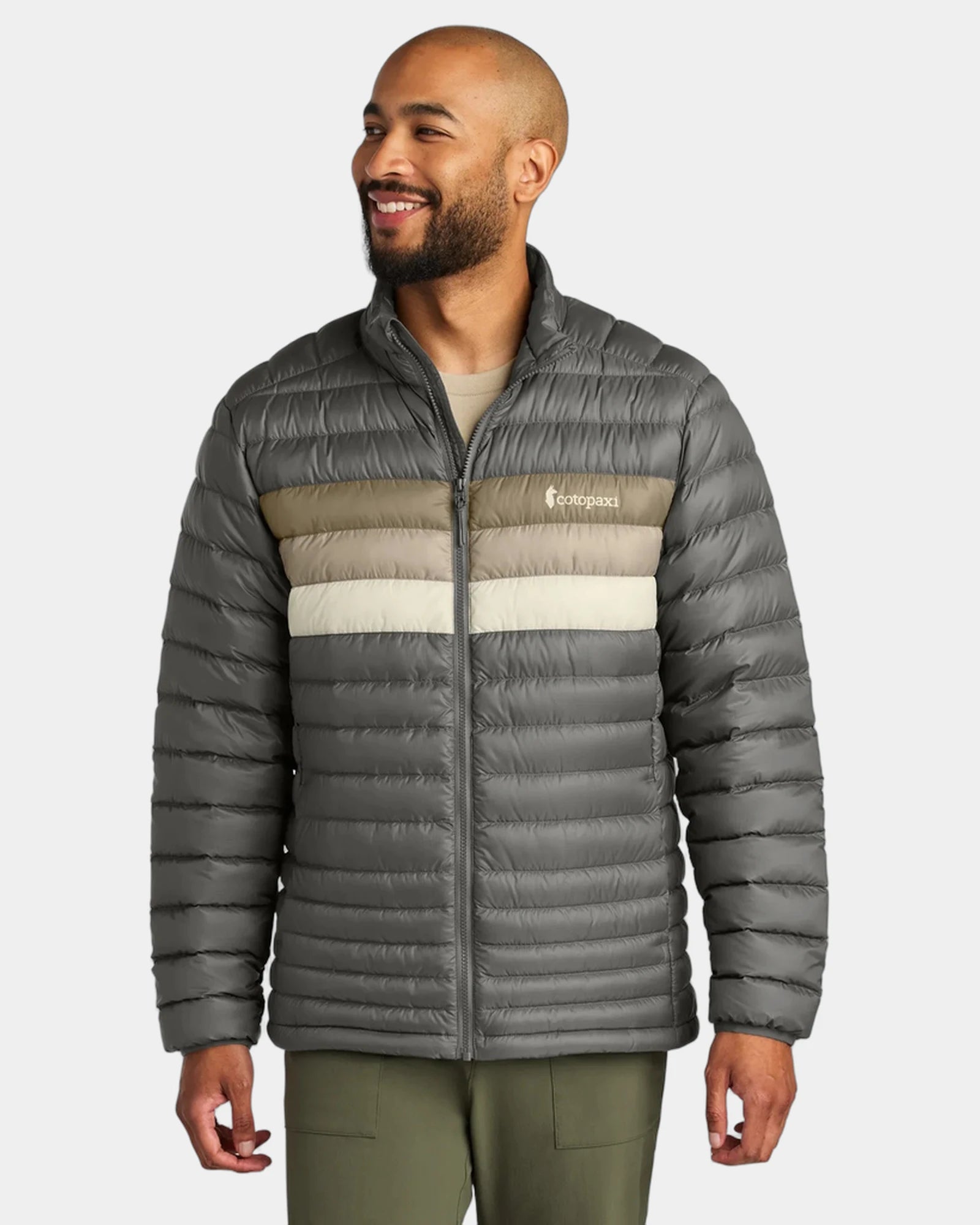 Custom recycled nylon down jacket with retro stripes - Cinder/ Desert