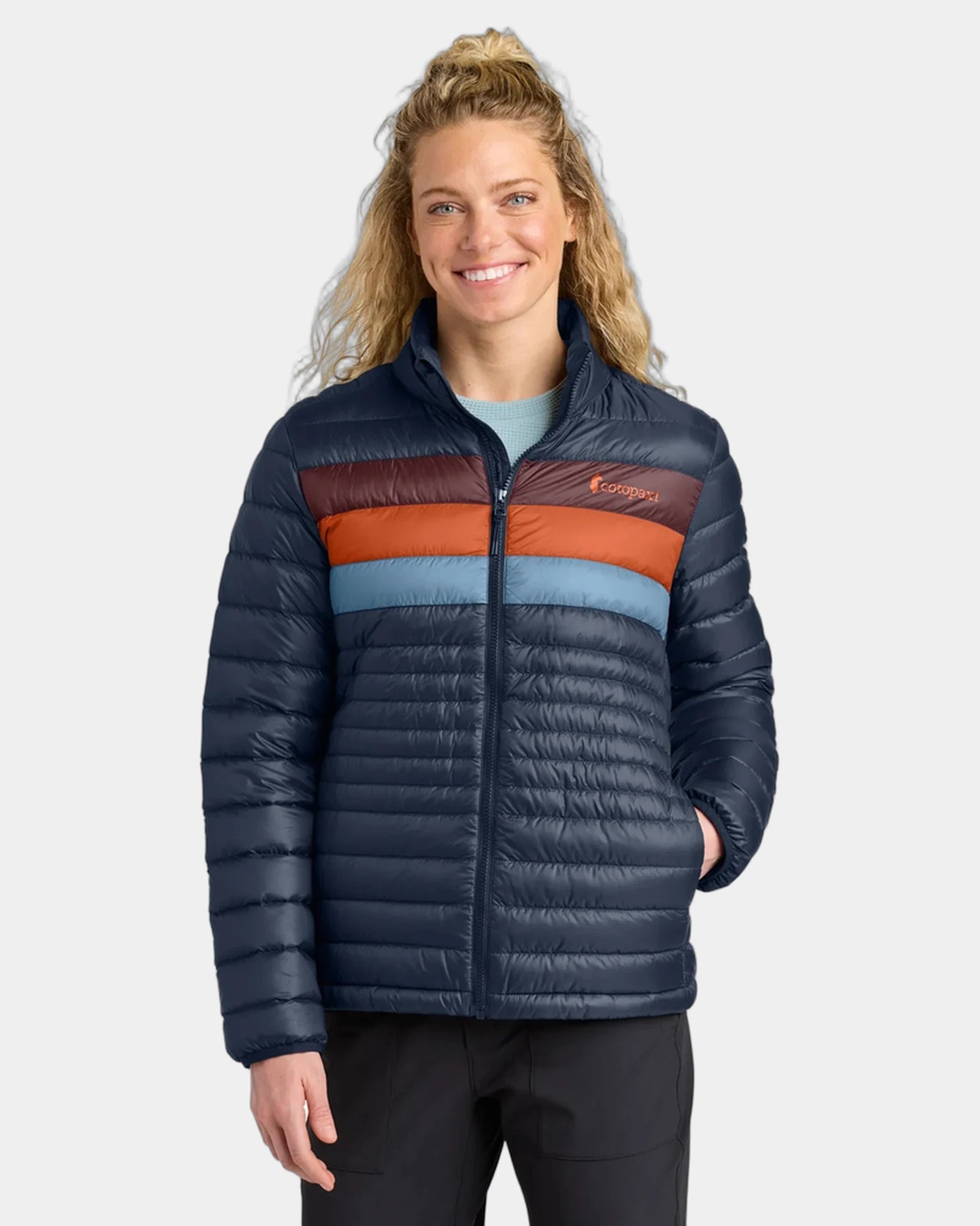 Custom recycled down jacket with retro stripe design - Maritime/ Mulberry