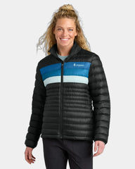 Custom recycled down jacket with retro stripe design - Black/ Atlantic