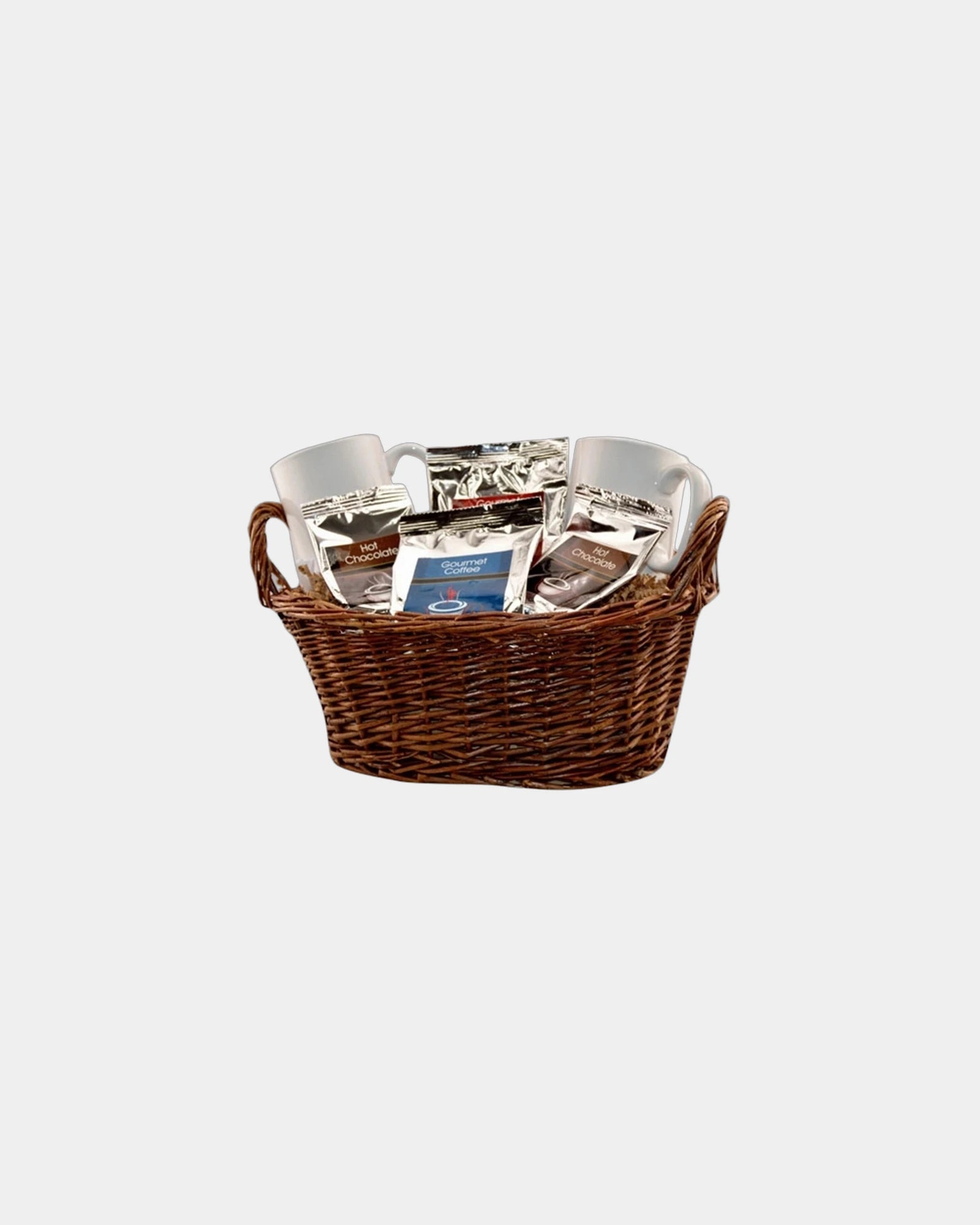 Custom gift basket with gourmet coffee, tea and white mugs - Brown