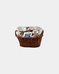 Custom gift basket with gourmet coffee, tea and white mugs - Brown