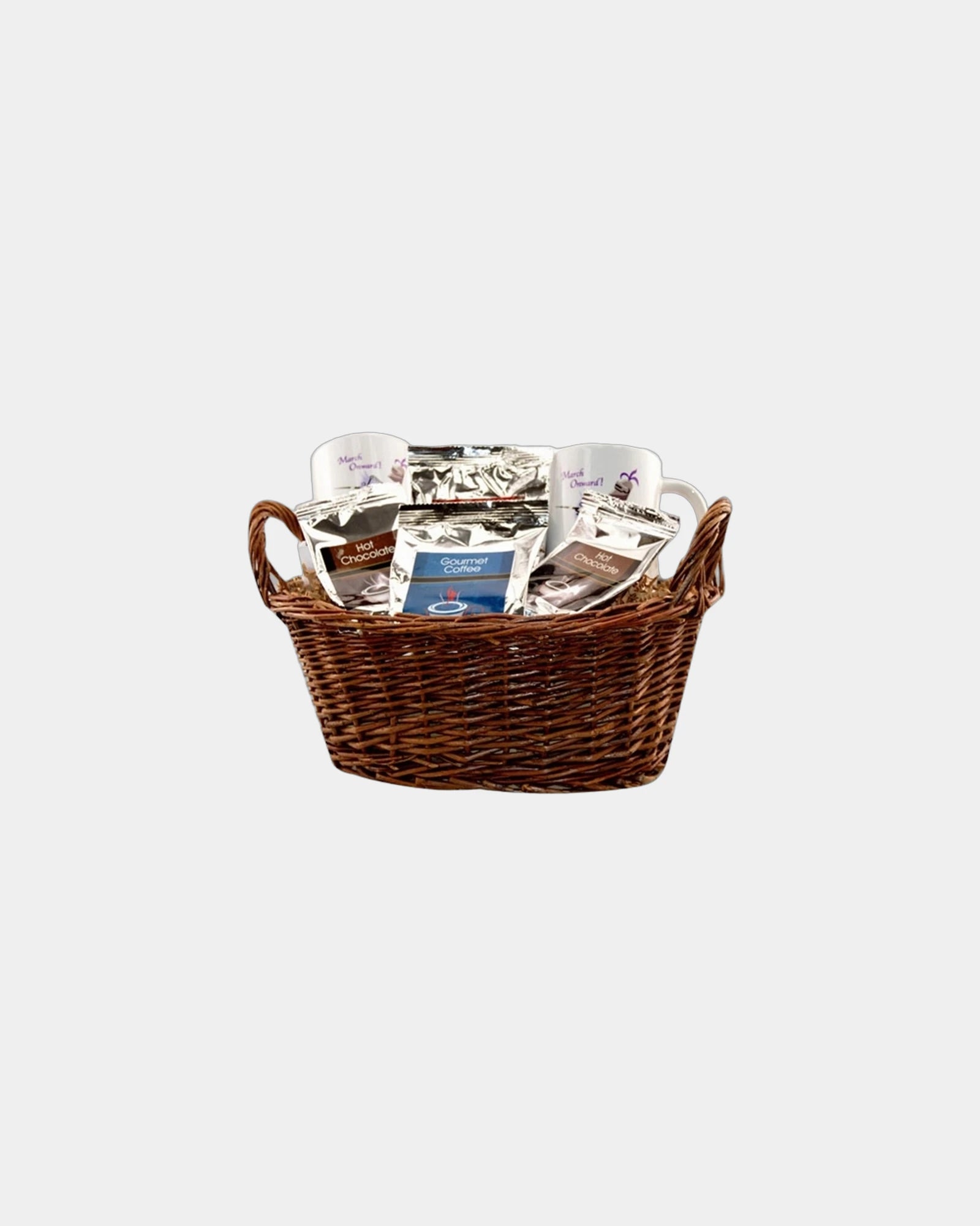 Custom gourmet gift basket with coffee, tea and mugs - Brown