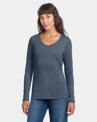 Custom women's long sleeve V-neck tee 4.5 oz tri-blend - Navy Frost