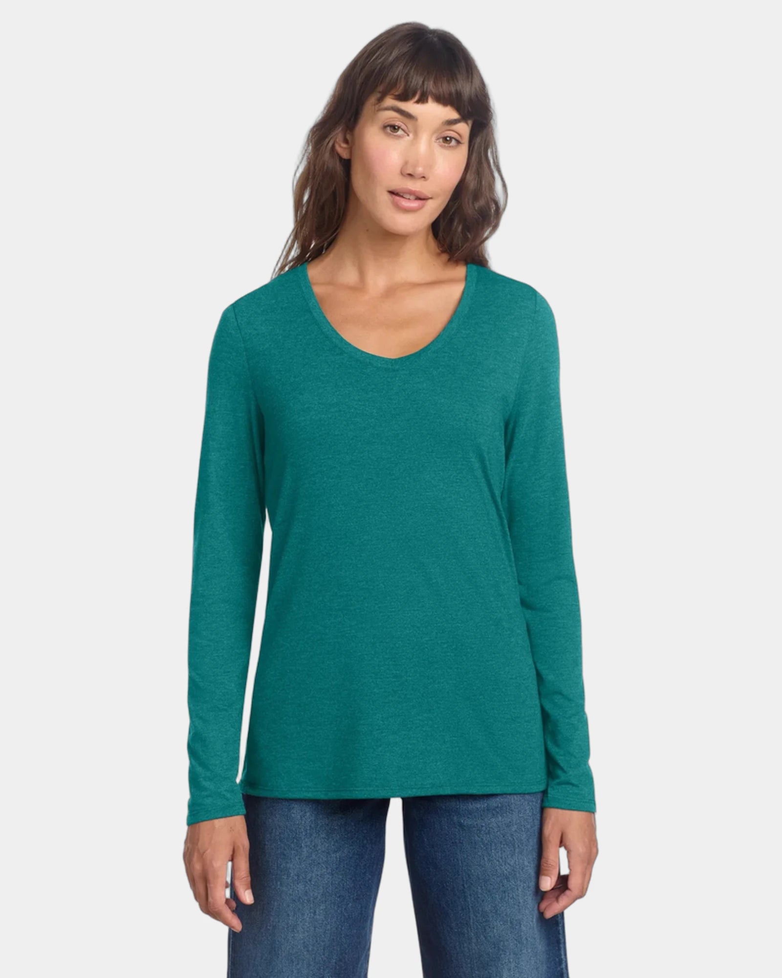 Custom women's long sleeve V-neck tee 4.5 oz tri-blend - Heathered Teal