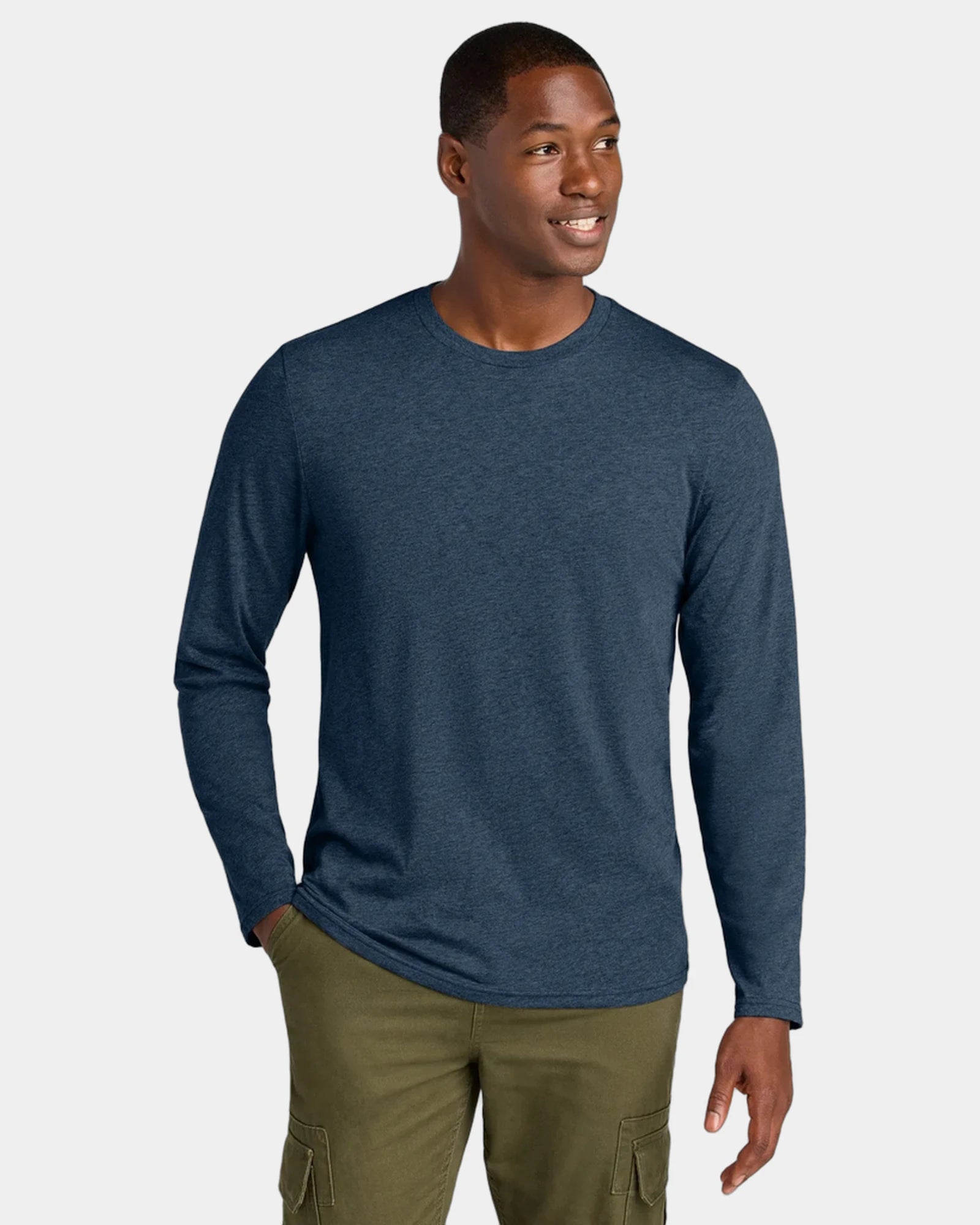 Custom cotton/recycled polyester long sleeve tee 4.4 oz - Heathered Navy