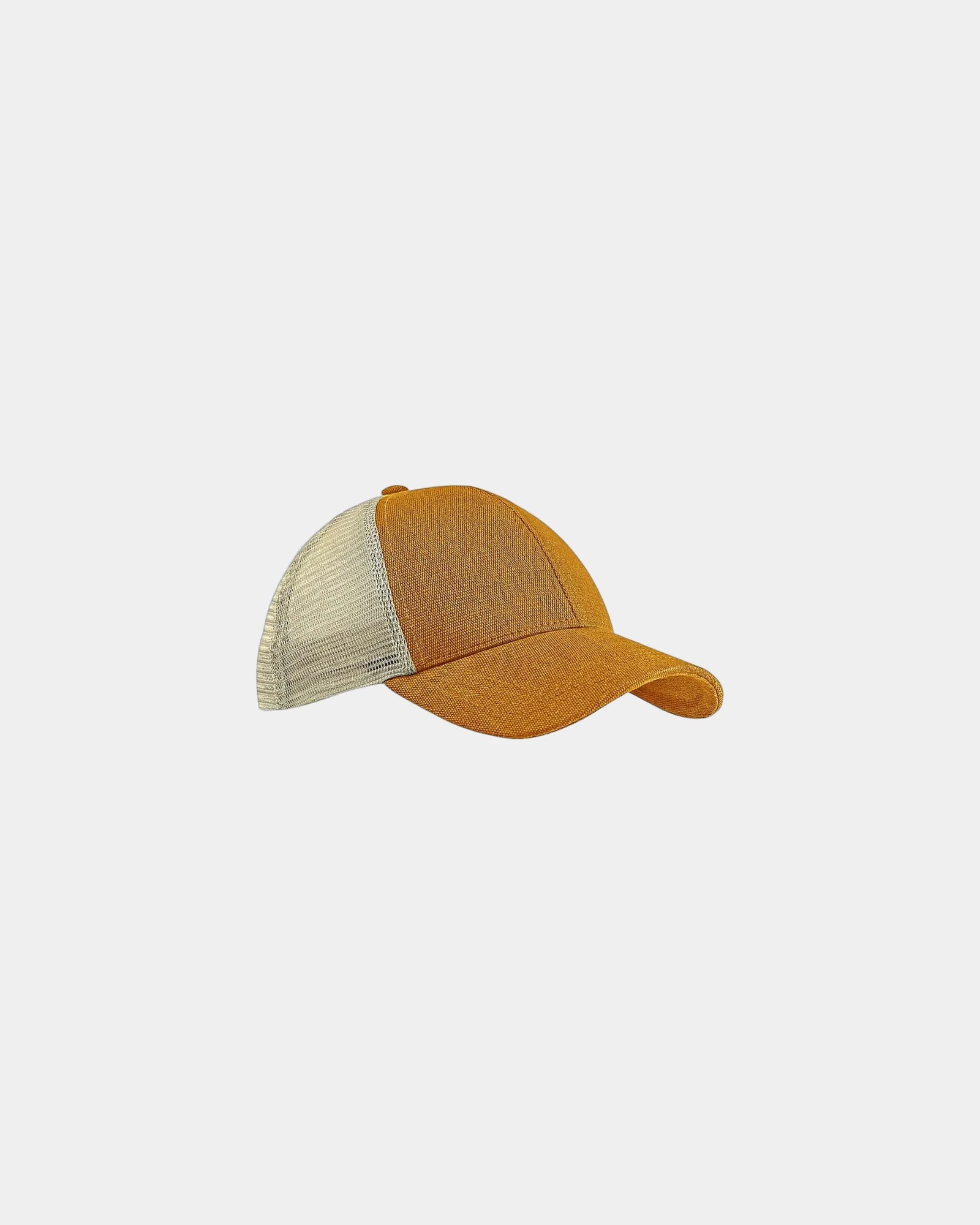 Custom organic hemp cotton six-panel trucker cap - Old Gold/ Oyster
