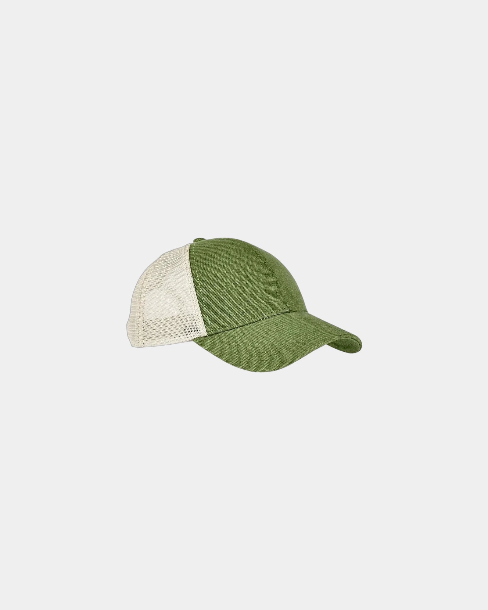 Custom organic hemp cotton six-panel trucker cap - Olive/ Oyster