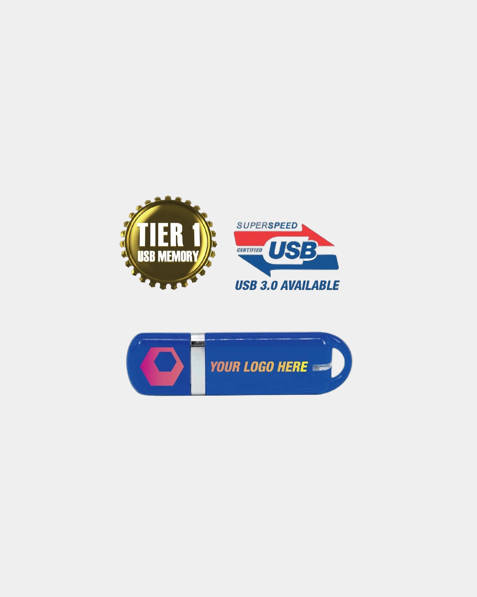 Custom plastic USB flash drive with D-ring cap - Blue