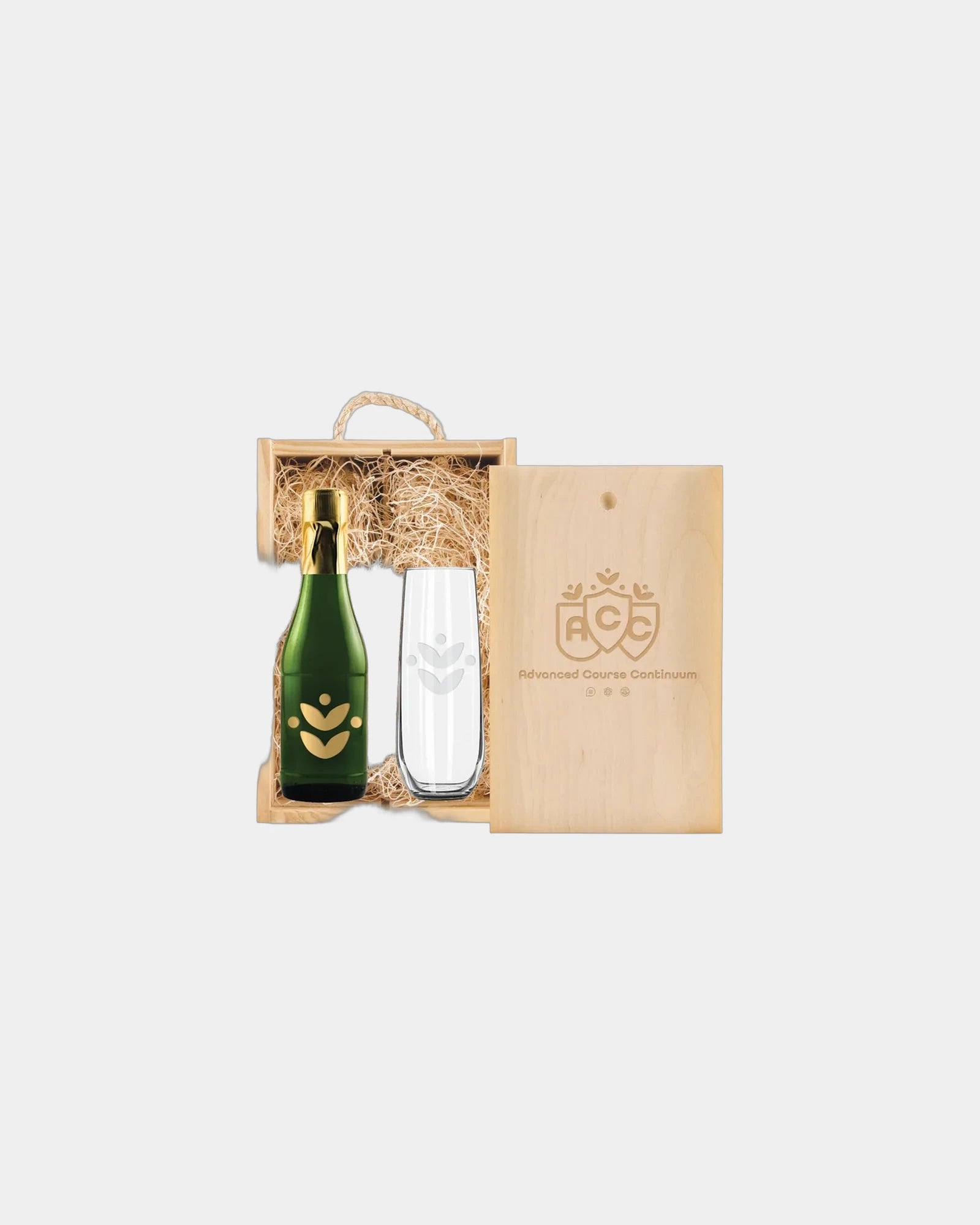 Custom wood gift box with sparkling wine and flute - Brown