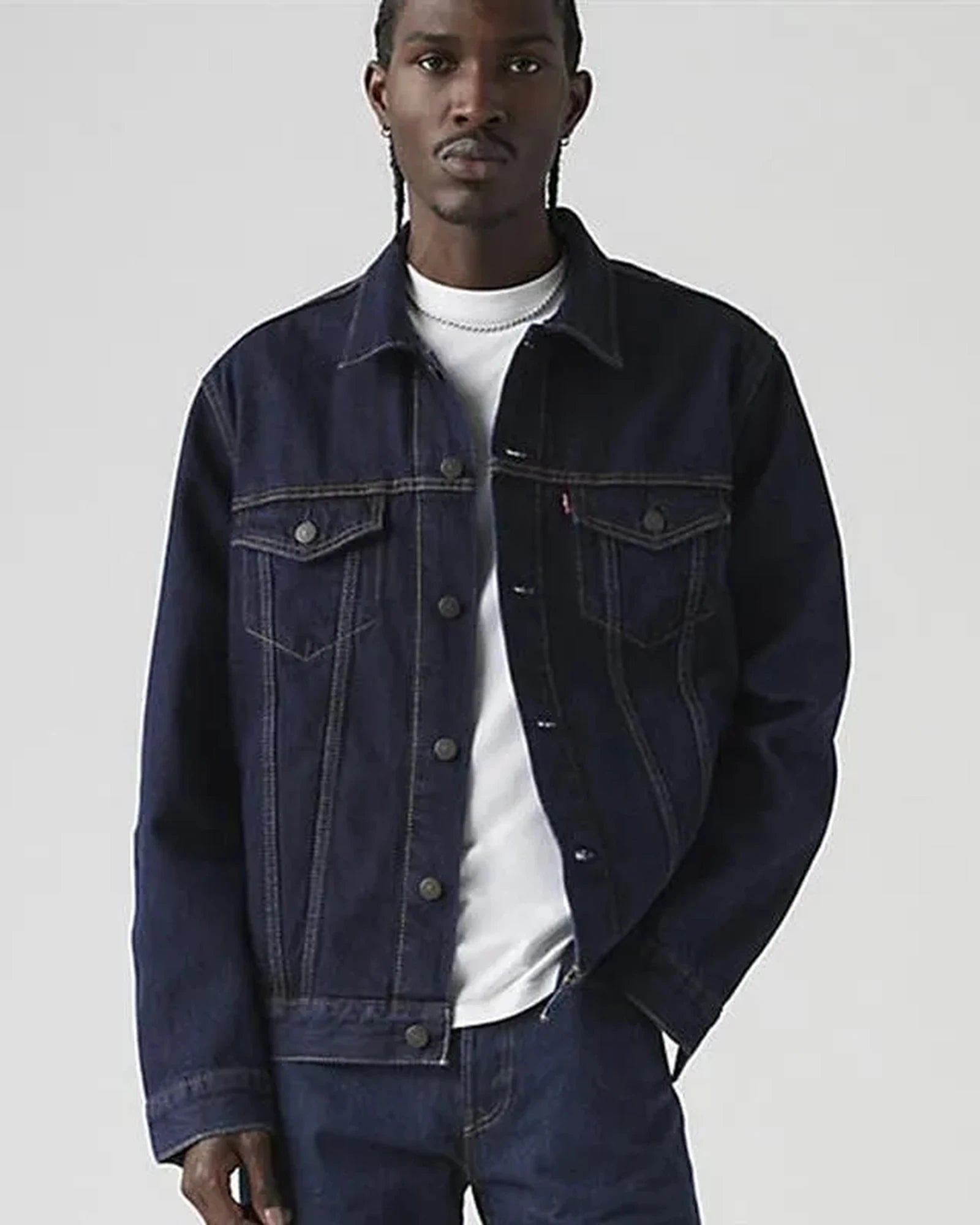 Custom cotton men's trucker jacket with Red Tab - Rinse 0134