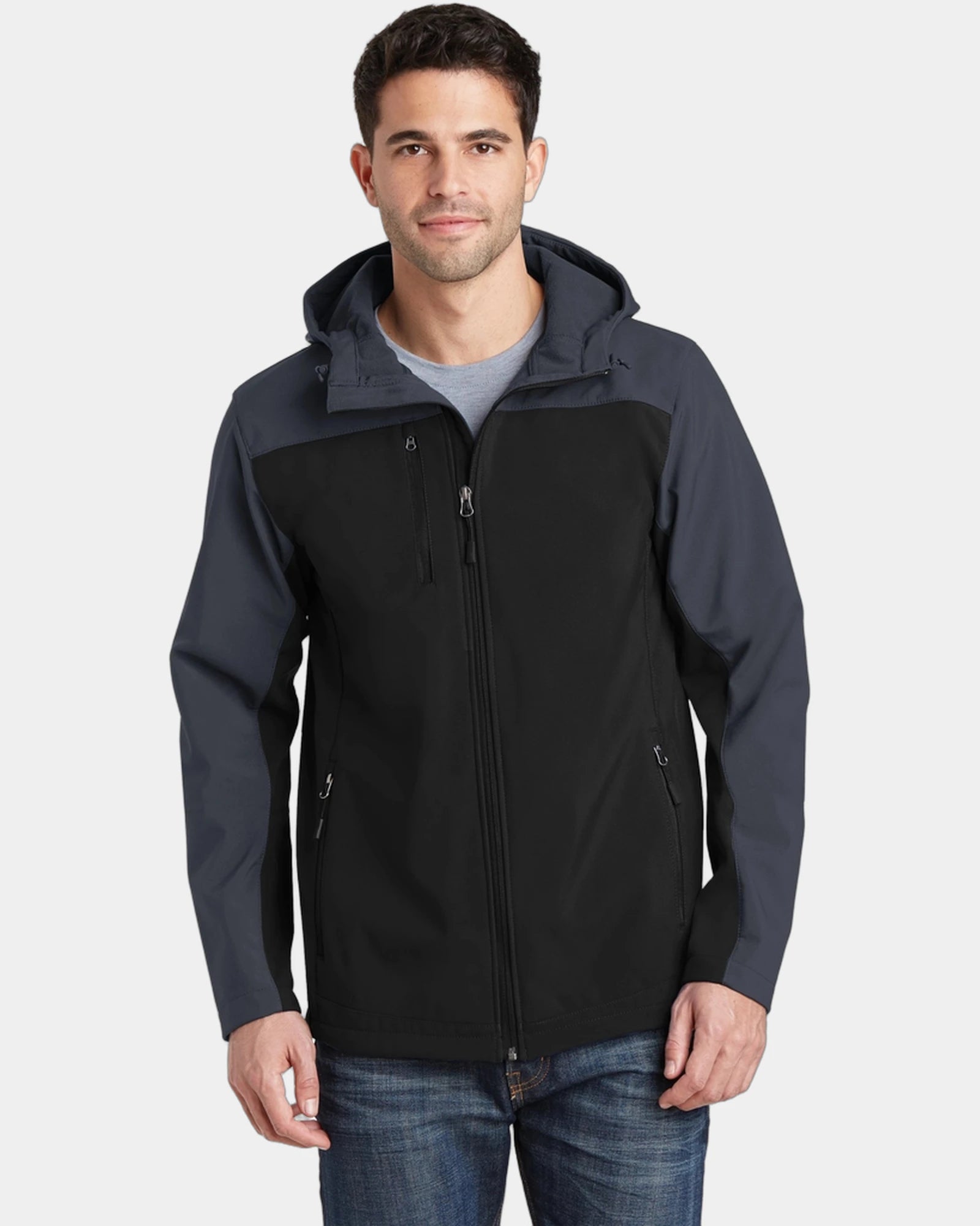 Custom hooded Port Authority Core soft shell jacket - Black/ Battleship Grey