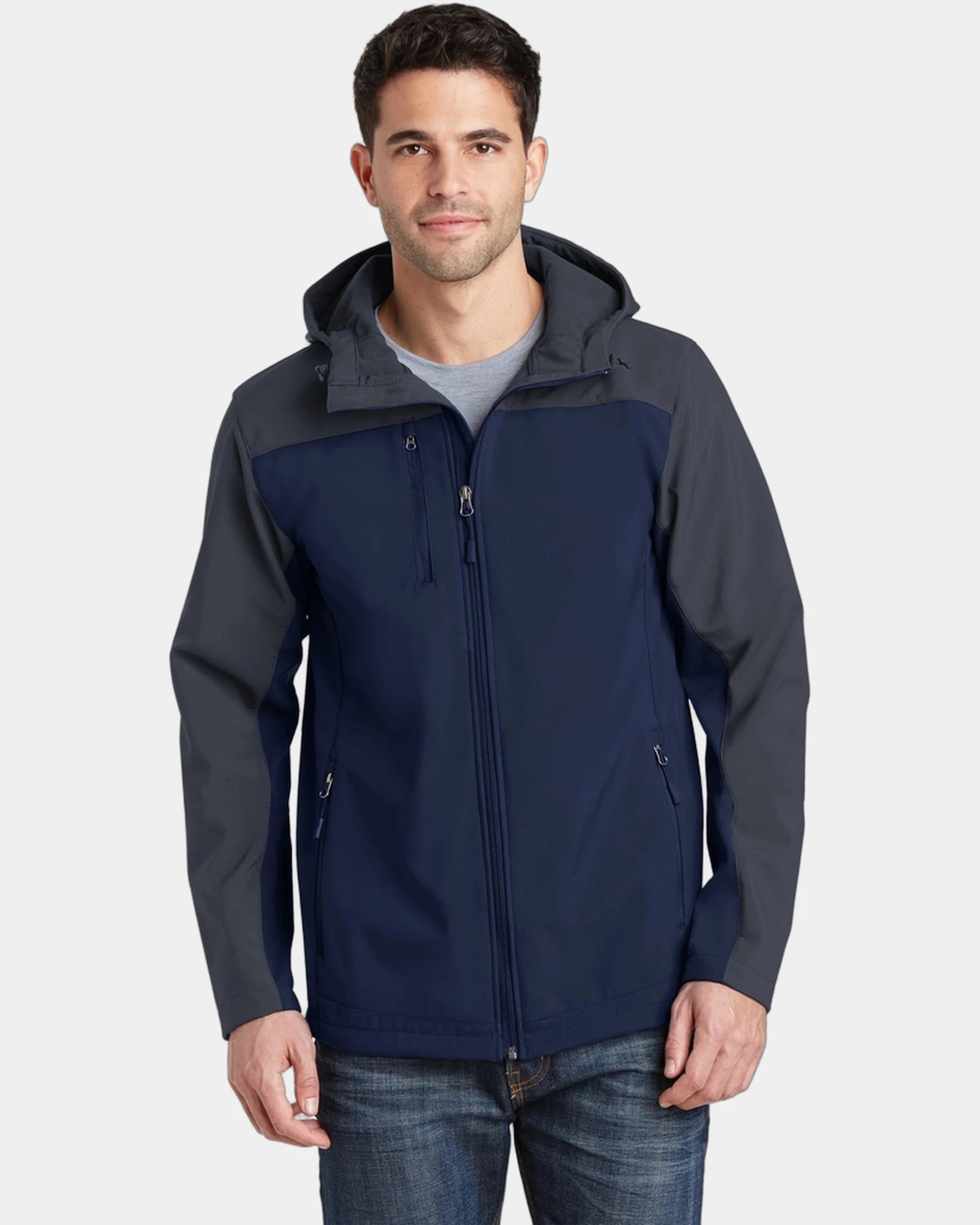 Custom hooded Port Authority Core soft shell jacket - Dress Blue Navy/ Battleship Grey