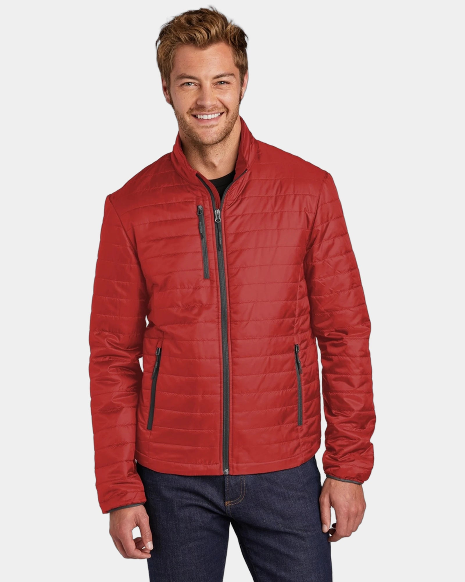 Custom Packable Puffy Jacket Port Authority Water-Repellent - Fire Red/ Graphite