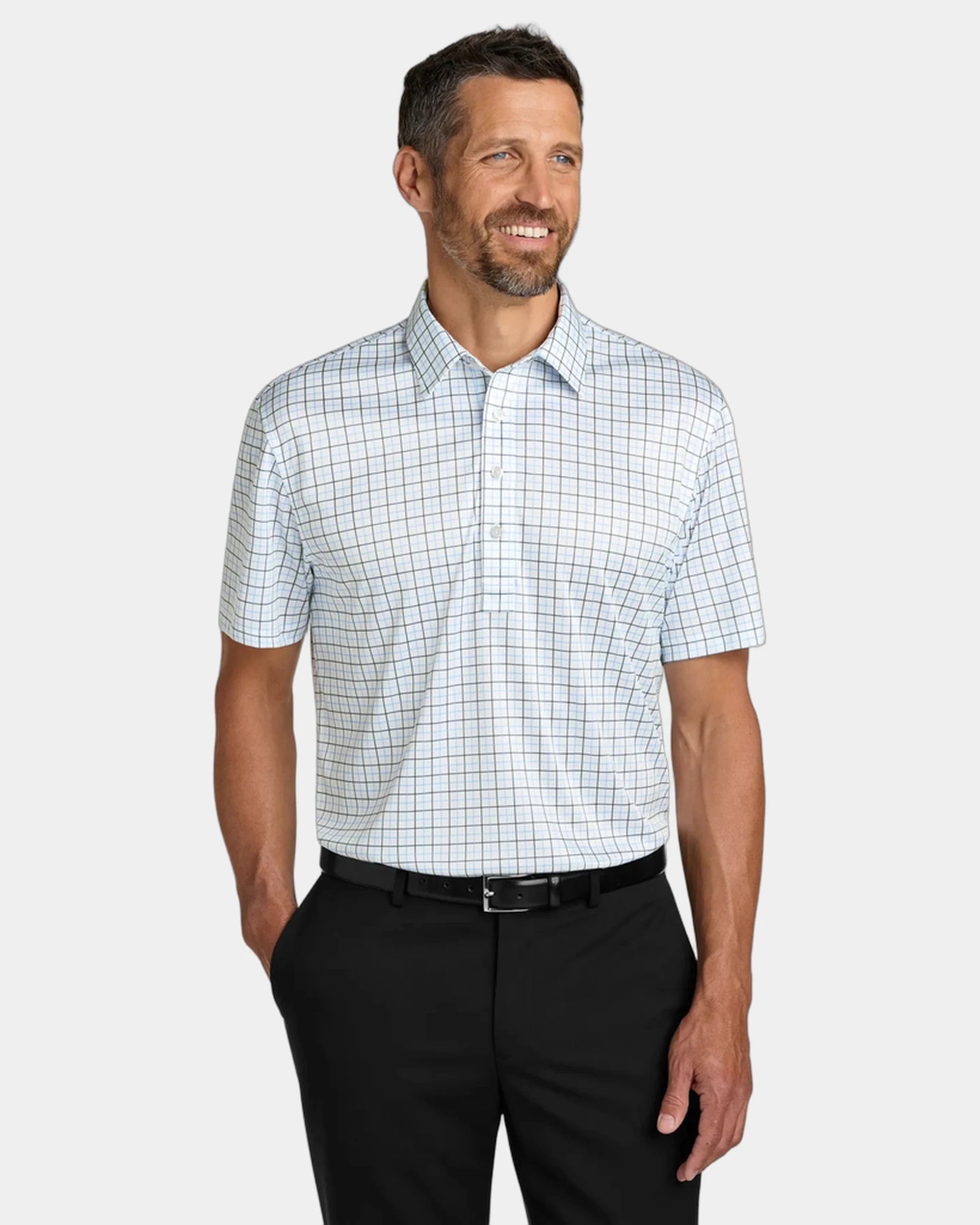 Custom polyester polo Port Authority Shirt Collar Polo - Black/ Carolina Blue Check
