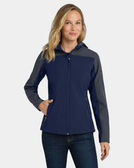 Custom hooded Port Authority women's soft shell jacket - Dress Blue Navy/ Battleship Grey