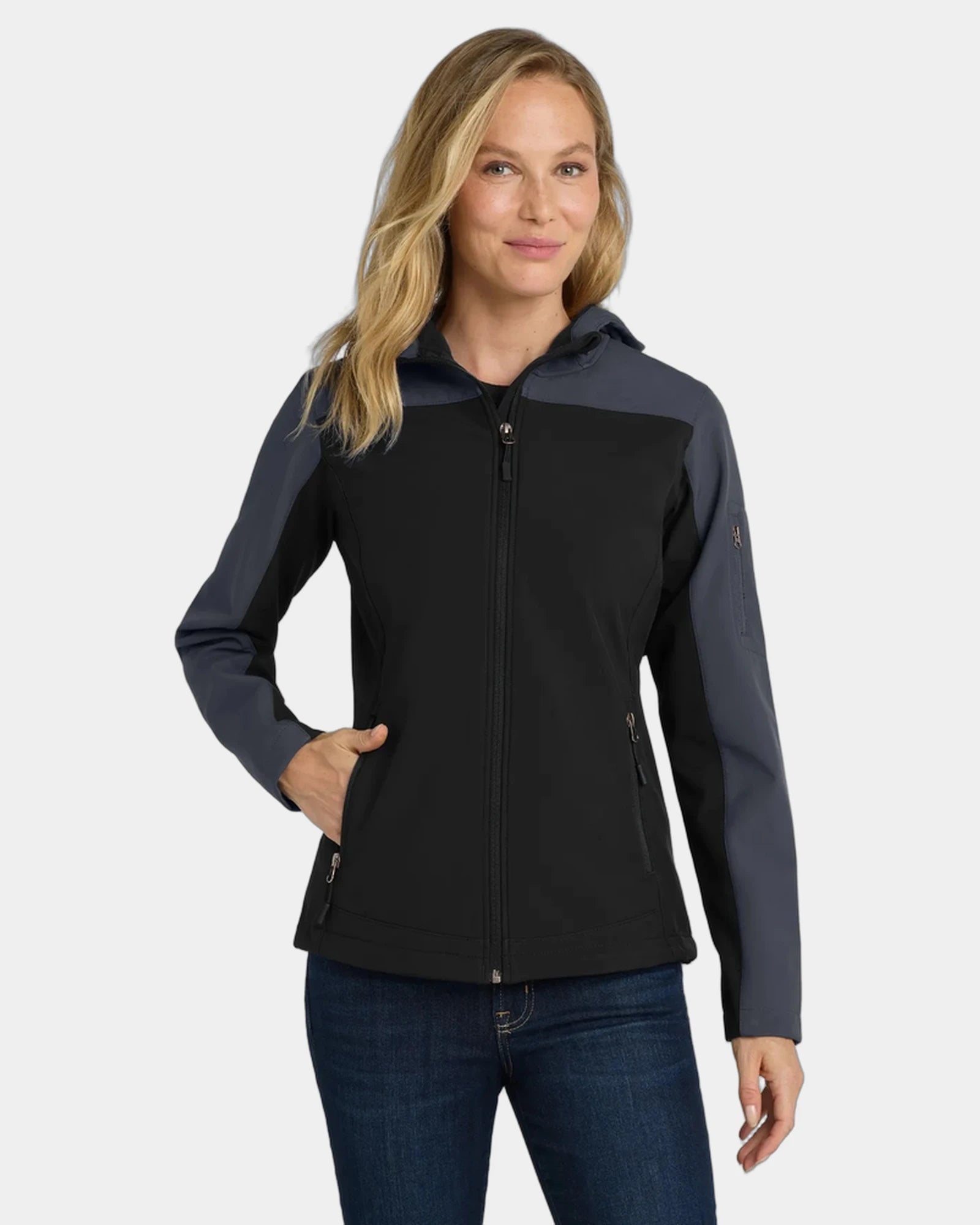 Custom hooded Port Authority women's soft shell jacket - Black/ Battleship Grey