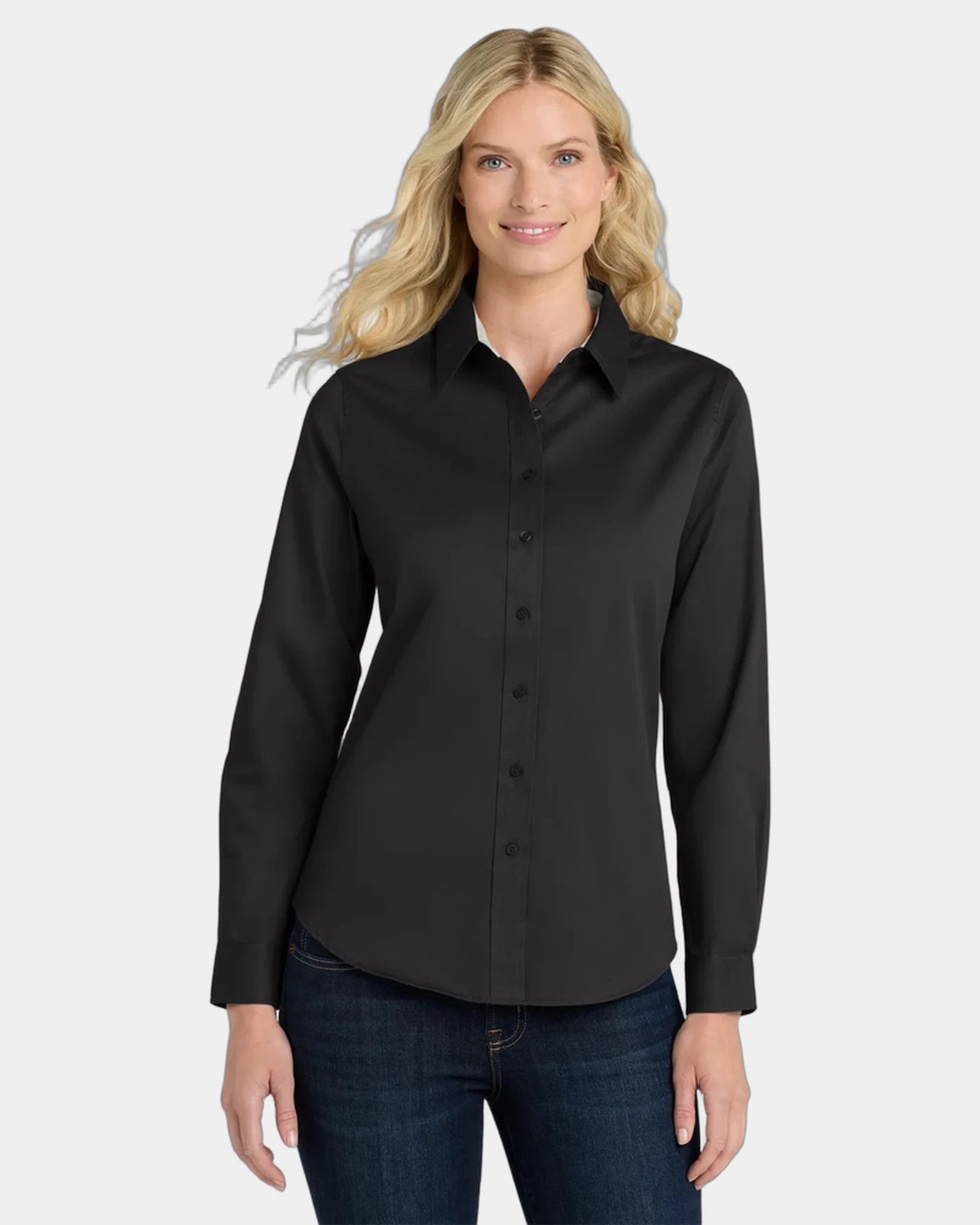 Custom Port Authority women's long sleeve Easy Care shirt - Black/ Light Stone