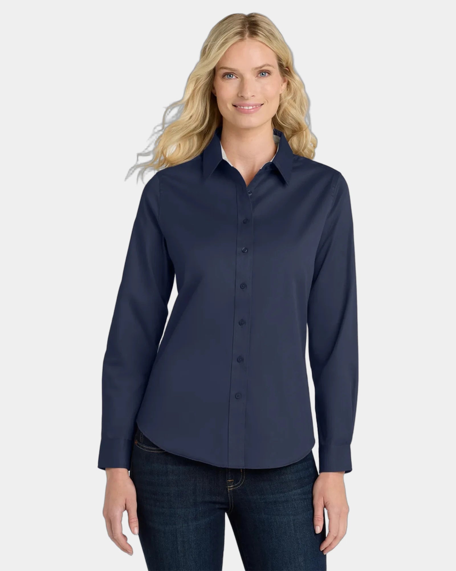 Custom Port Authority women's long sleeve Easy Care shirt - Navy/ Light Stone